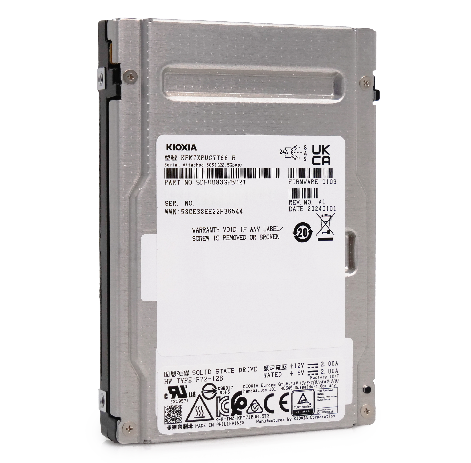 Kioxia PM7-R KPM7XRUG7T68 7.68TB 1 DWPD SAS-4 25Gb/s Read Intensive TLC 2.5in Recertified Solid State Drive