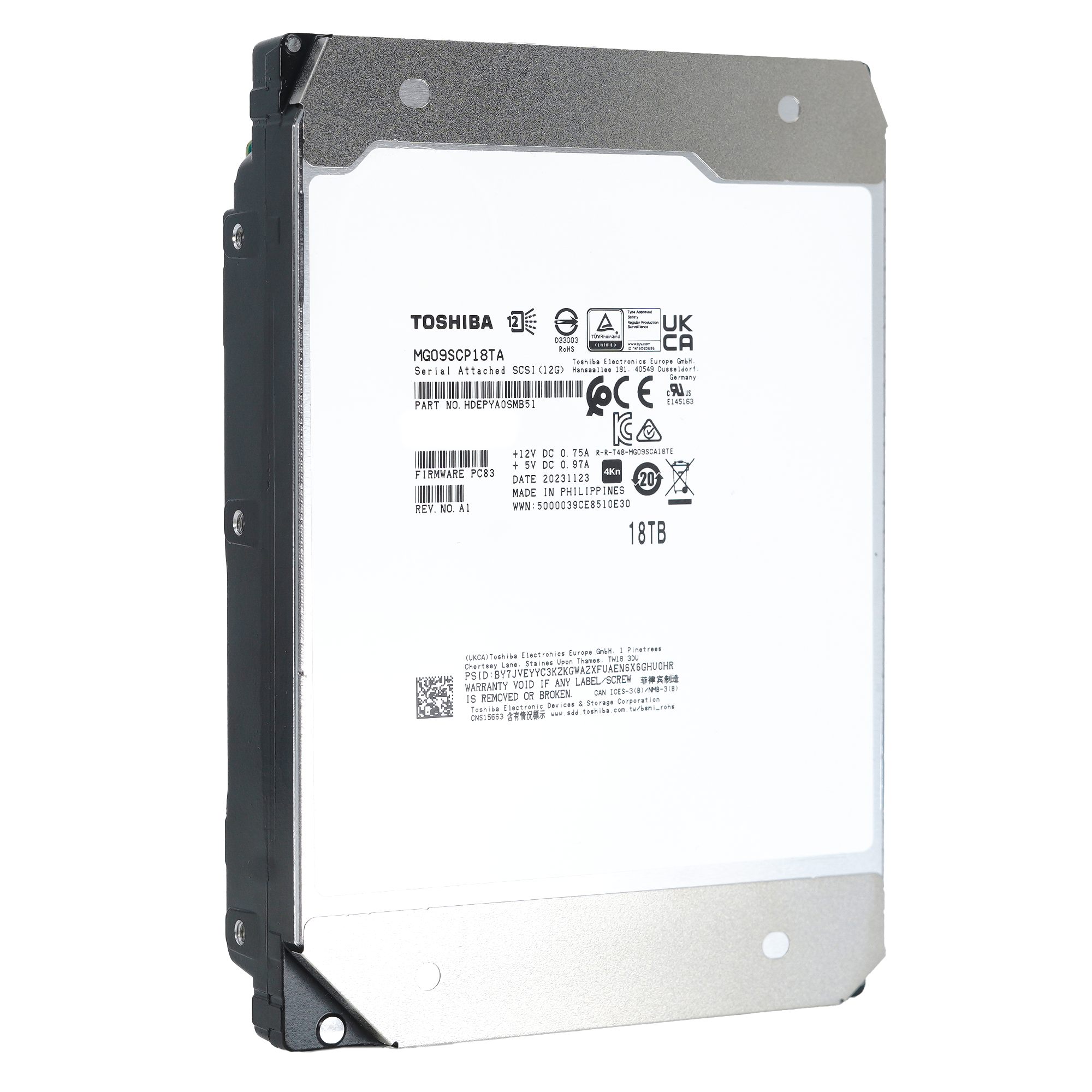 Toshiba MG09 MG09SCP18TA HDEPYA0SMB51 18TB 7.2K RPM SAS 12Gb/s 4Kn SED 3.5in Hard Drive