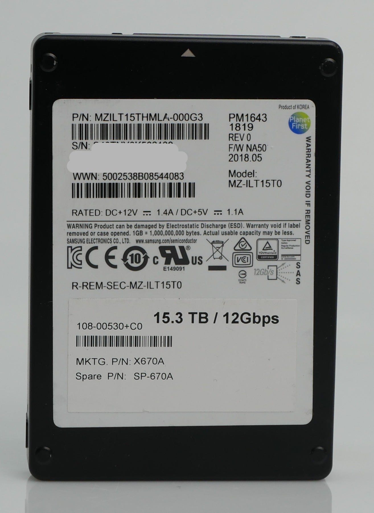 Samsung PM1643 MZILT15THMLA 15.36TB 1 DWPD SAS 12Gb/s 3D TLC 2.5in Recertified Solid State Drive