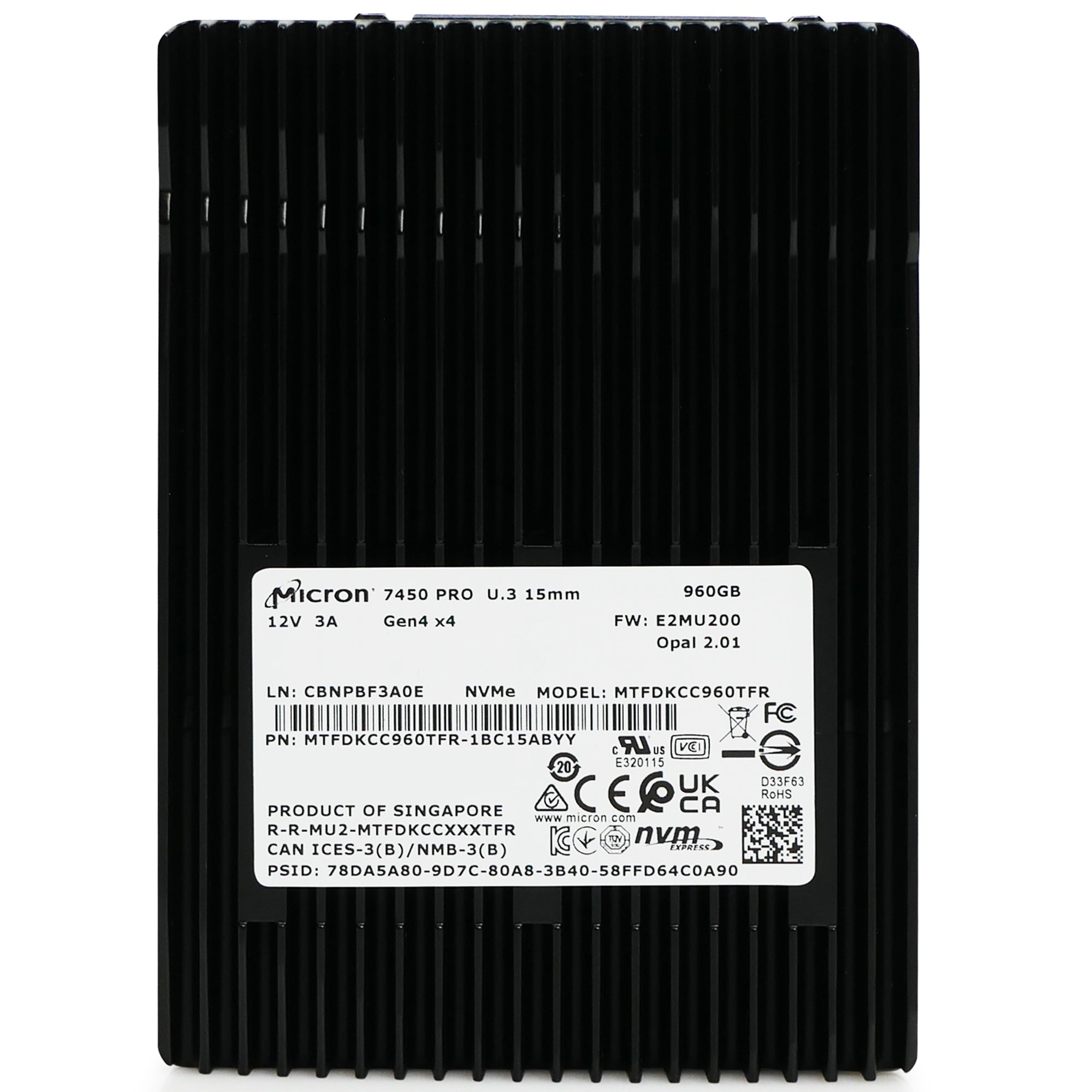 Micron 7450 Pro MTFDKCC960TFR 960GB 1 DWPD Opal 2.01 PCIe Gen 4.0 x4 8GB/s 3D TLC U.3 NVMe 2.5in Solid State Drive