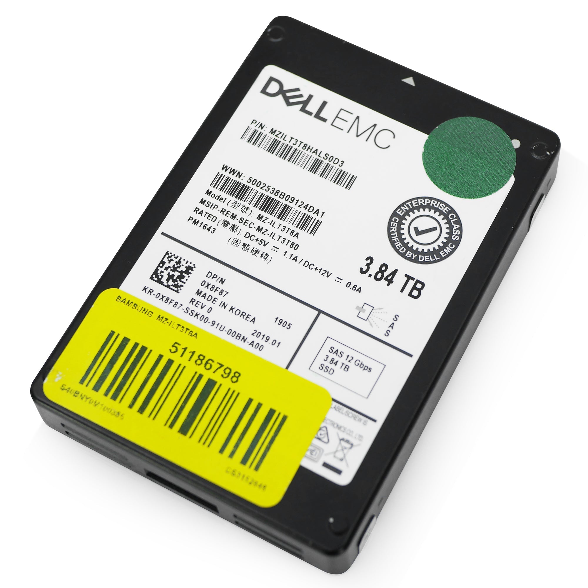 Dell/Samsung PM1643 MZILT3T8HALS0D3 0X8F87 3.84TB 1 DWPD SAS 12Gb/s 3D TLC 2.5in Refurbished SSD