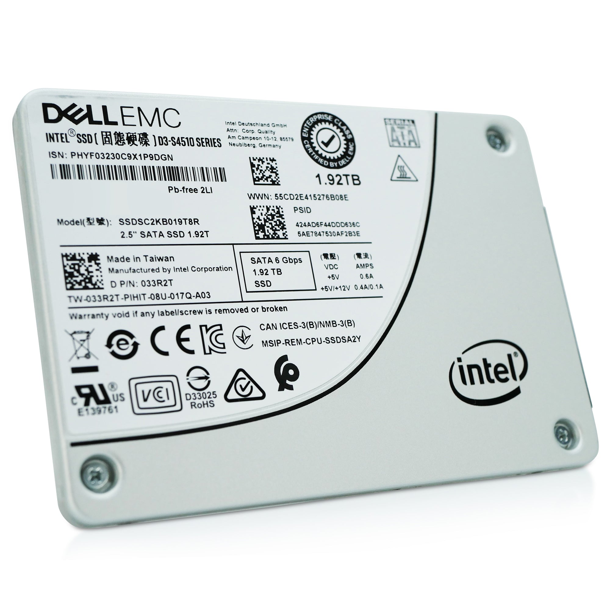 Dell/Intel D3-S4510 SSDSC2KB019T8R 1.92TB SATA 6Gb/s 3D TLC 2.5in Refurbished SSD