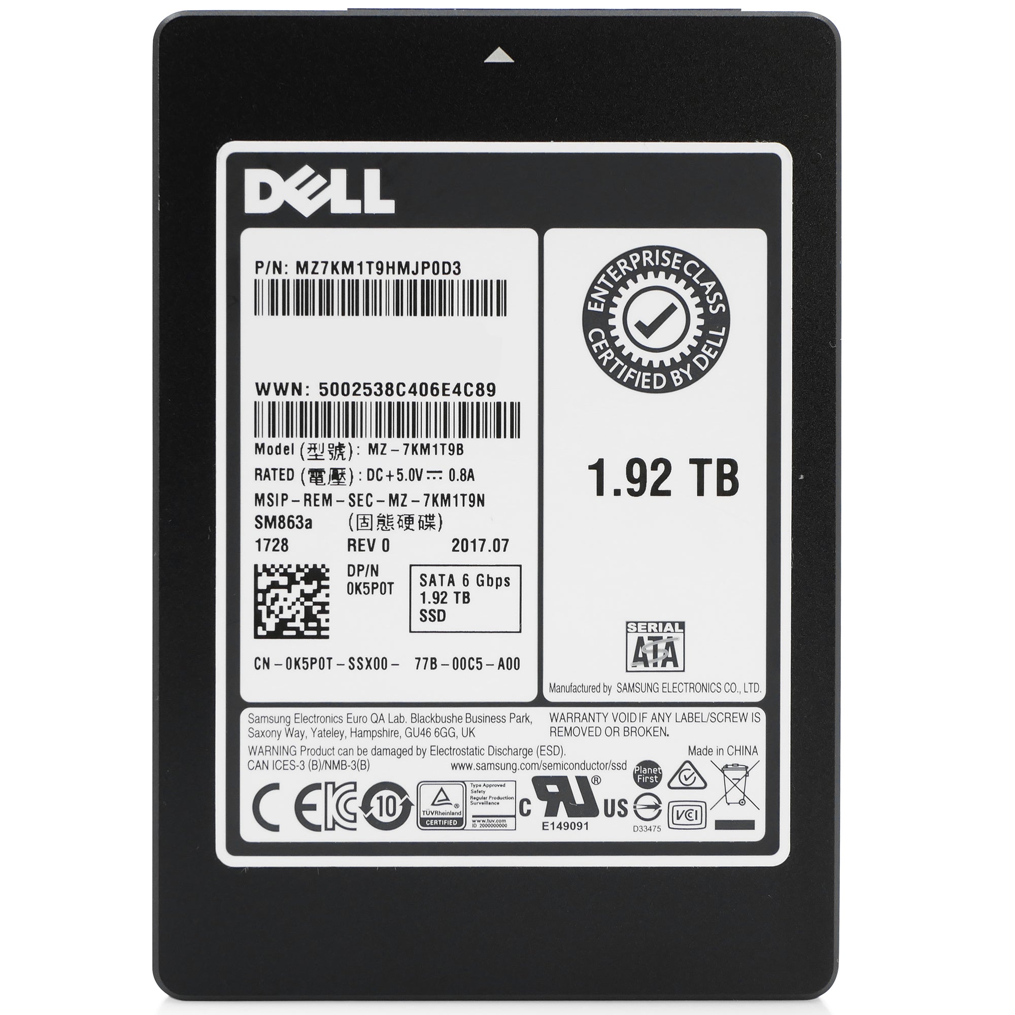 Dell/Samsung SM863a MZ7KM1T9HMJP0D3 1.92TB 3.6 DWPD SATA 6Gb/s V-NAND 2.5in Refurbished SSD