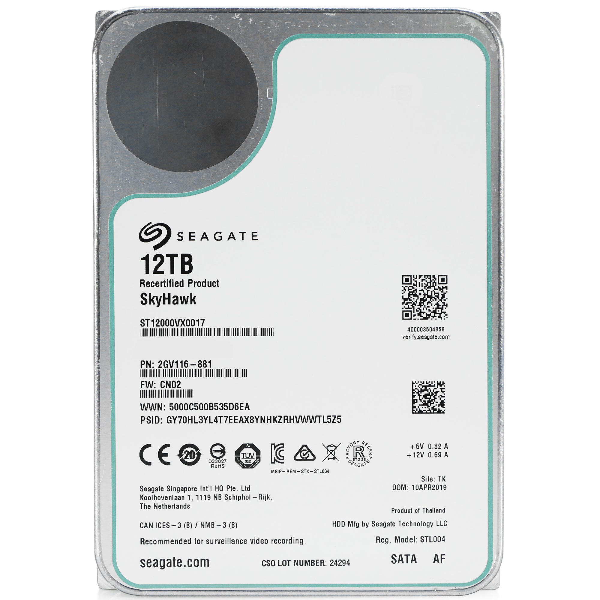 Seagate SkyHawk ST12000VX0017 12TB 7.2K RPM SATA 6Gb/s 512e 3.5in Recertified Hard Drive