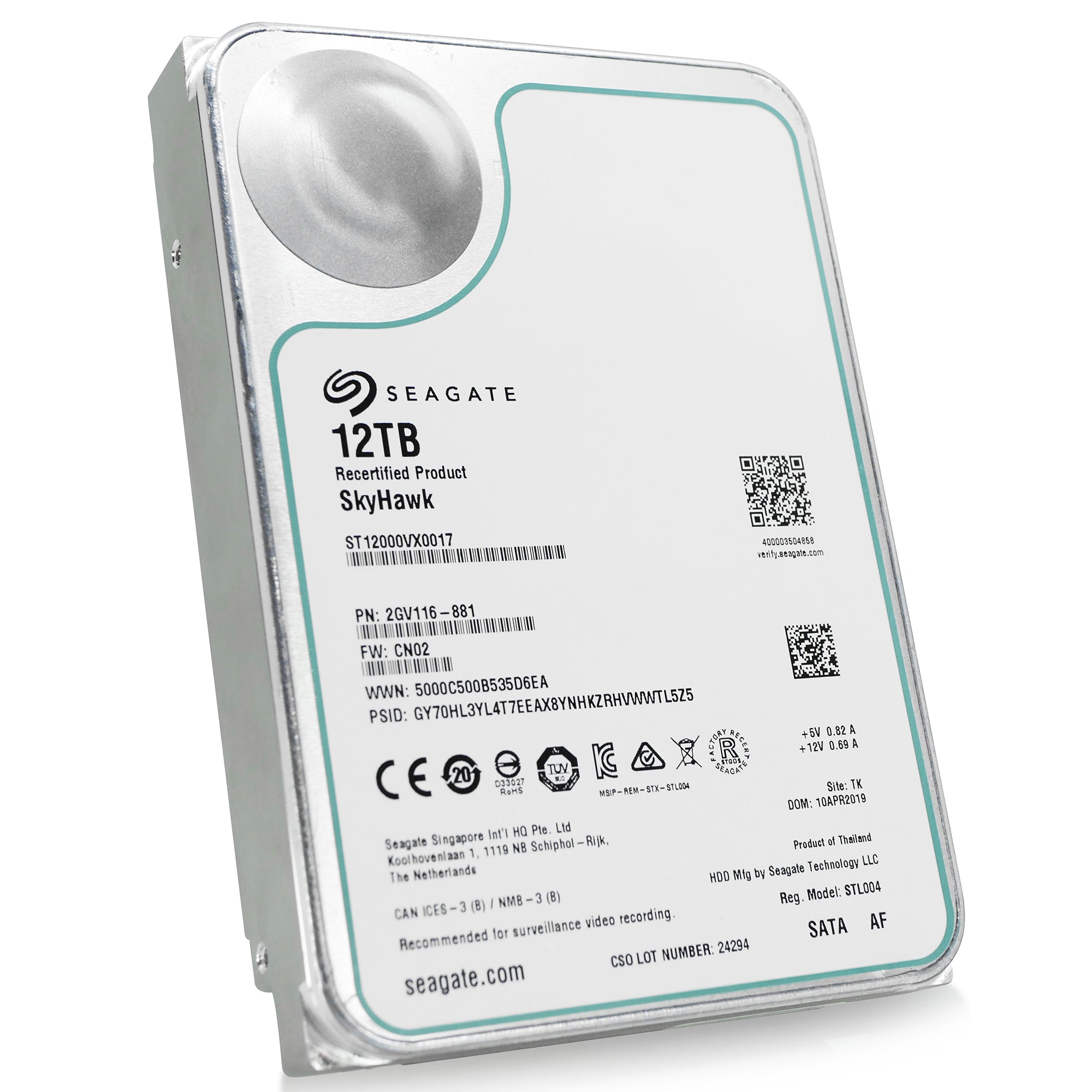 Seagate SkyHawk ST12000VX0017 12TB 7.2K RPM SATA 6Gb/s 512e 3.5in Recertified Hard Drive