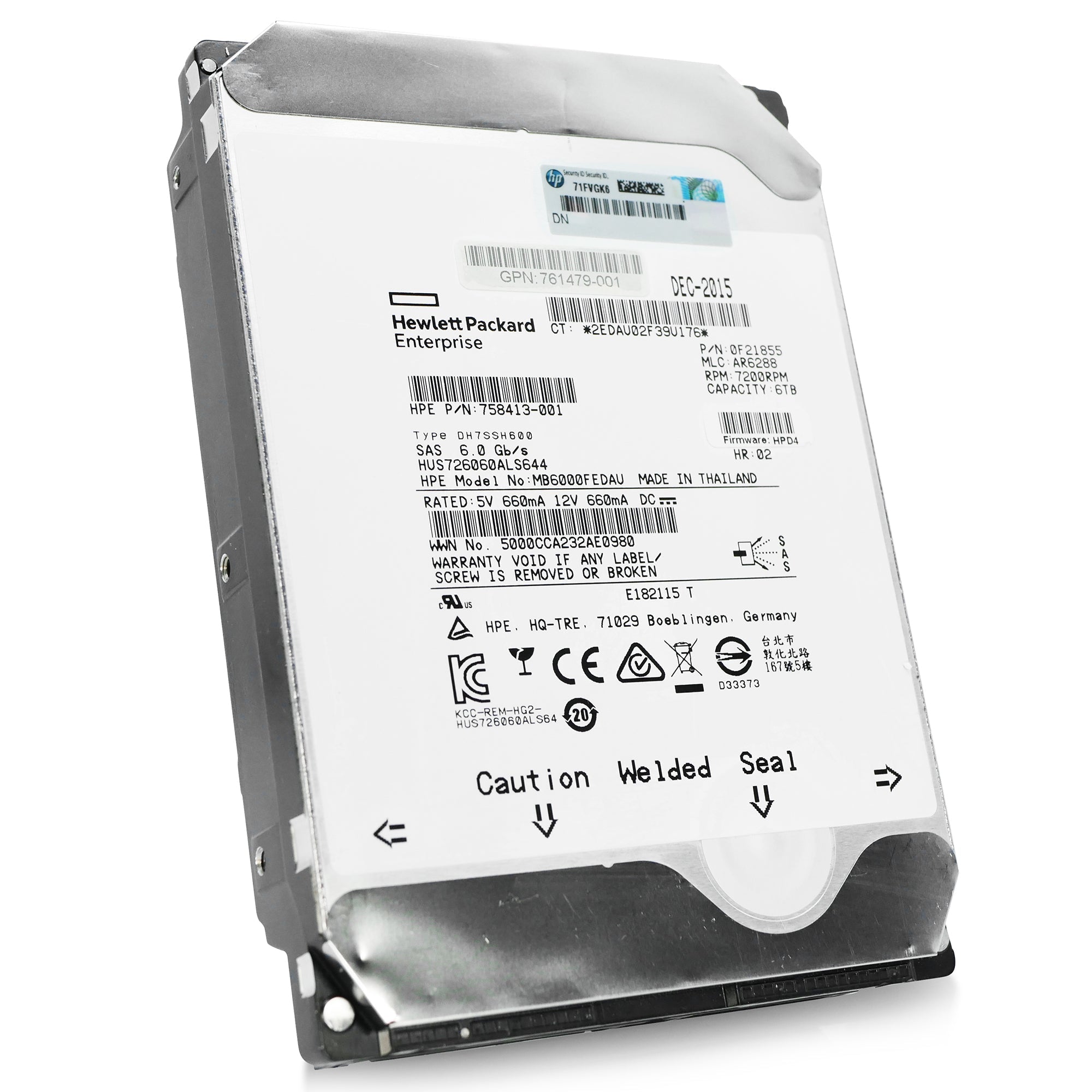 HP Gen8 HUS726060ALS644 0F21855 6TB 7.2K RPM SAS 6Gb/s 512n 3.5in Refurbished HDD