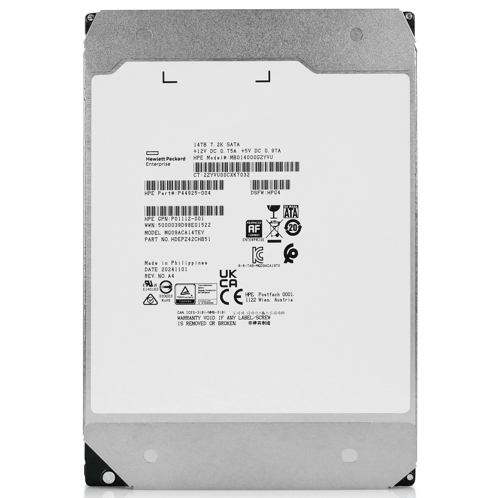 HP/Toshiba MG09 14TB MG09ACA14TEY HP P44925-004 7.2K RPM SATA 6Gb/s 4kn 3.5in Hard Drive