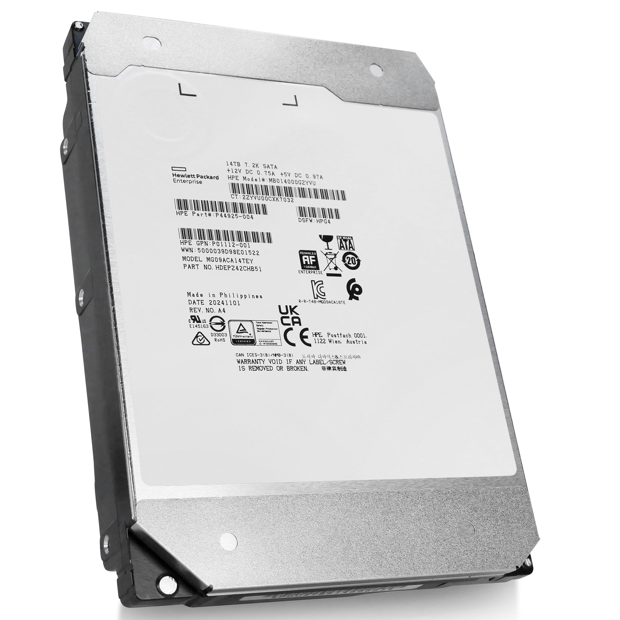 HP/Toshiba MG09 14TB MG09ACA14TEY HP P44925-004 7.2K RPM SATA 6Gb/s 4kn 3.5in Hard Drive