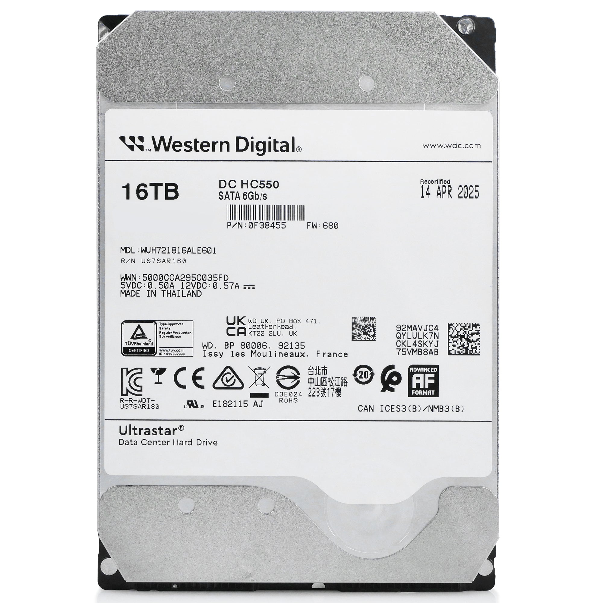 Western Digital Ultrastar DC HC550 WUH721816ALE601 0F38455 16TB 7.2K RPM SATA 6Gb/s 512e 3.5in Hard Drive