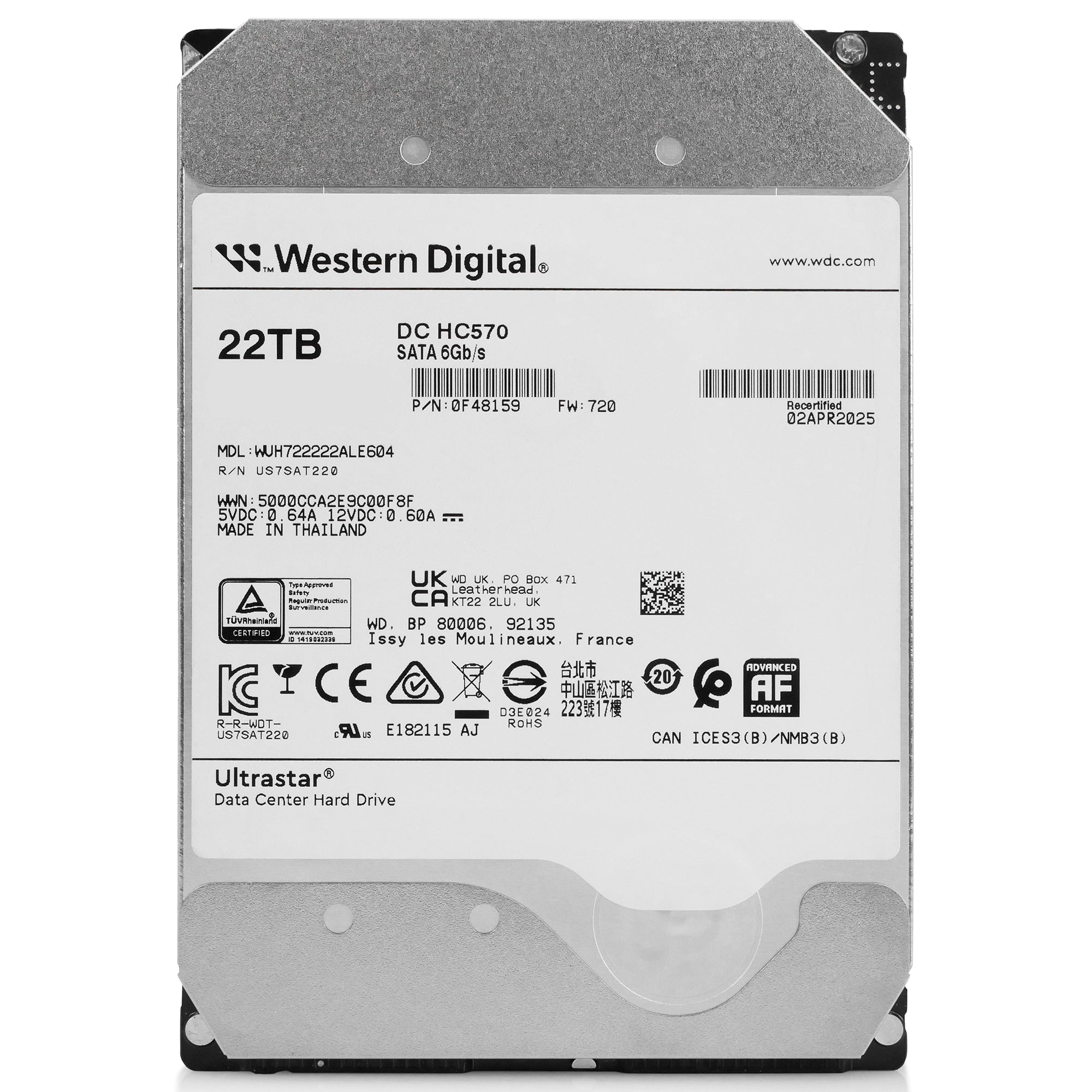 Western Digital Ultrastar DC HC570 WUH722222ALE604 0F48159 22TB 7.2K RPM SATA 6Gb/s 512e 3.5in Recertified Hard Drive