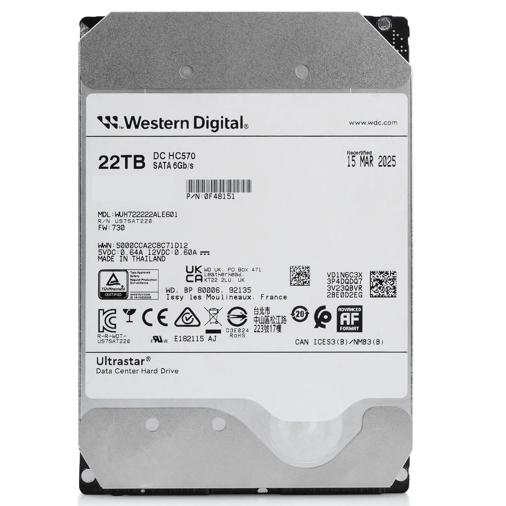 Western Digital Ultrastar DC HC570 WUH722222ALE601 0F48151 22TB 7.2K RPM SATA 6Gb/s 512e 3.5in Refurbished HDD