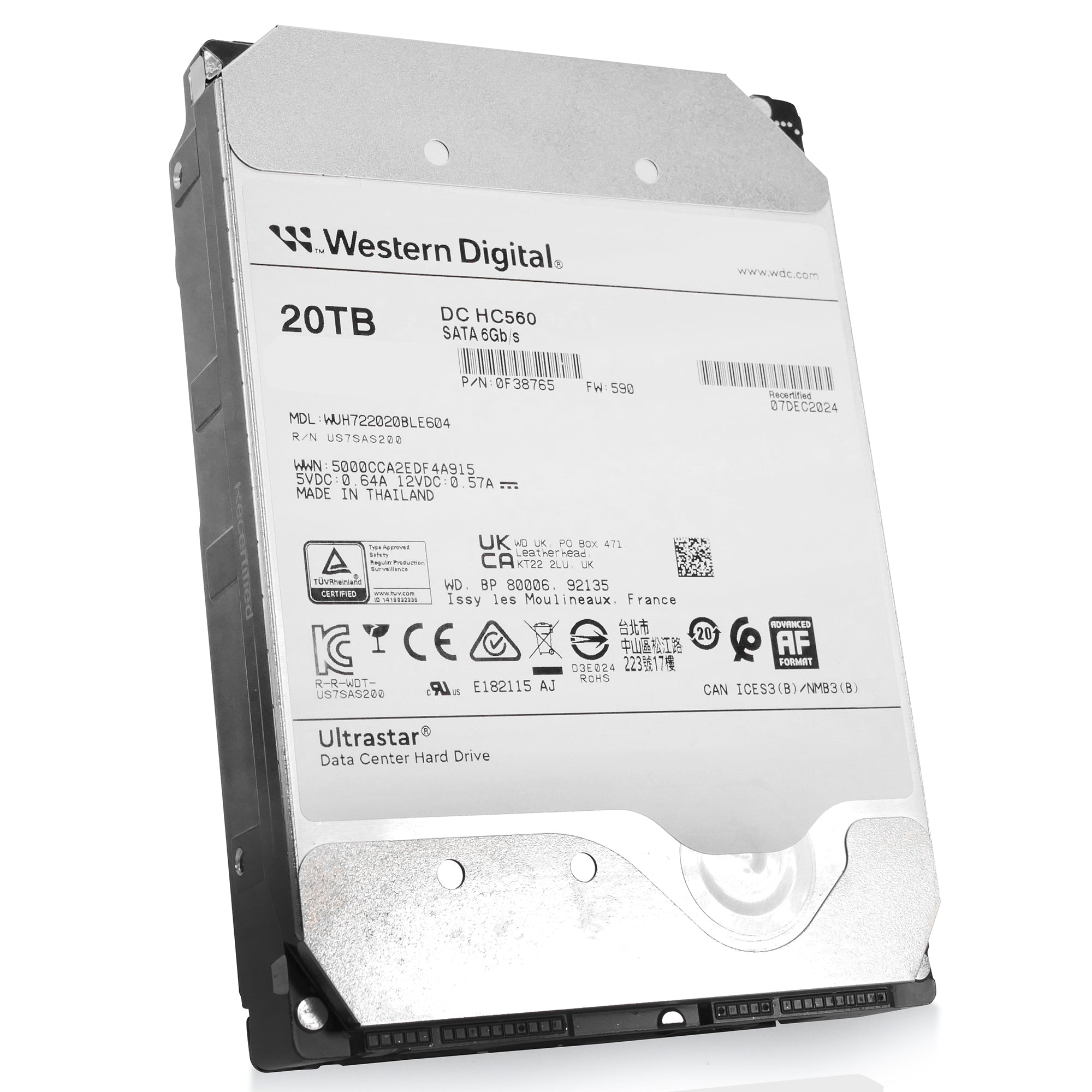 Western Digtial Ultrastar DC HC560 WUH722020BLE604 0F38765 20TB 7.2K RPM SATA 6Gb/s 512e 3.5in Refurbished HDD