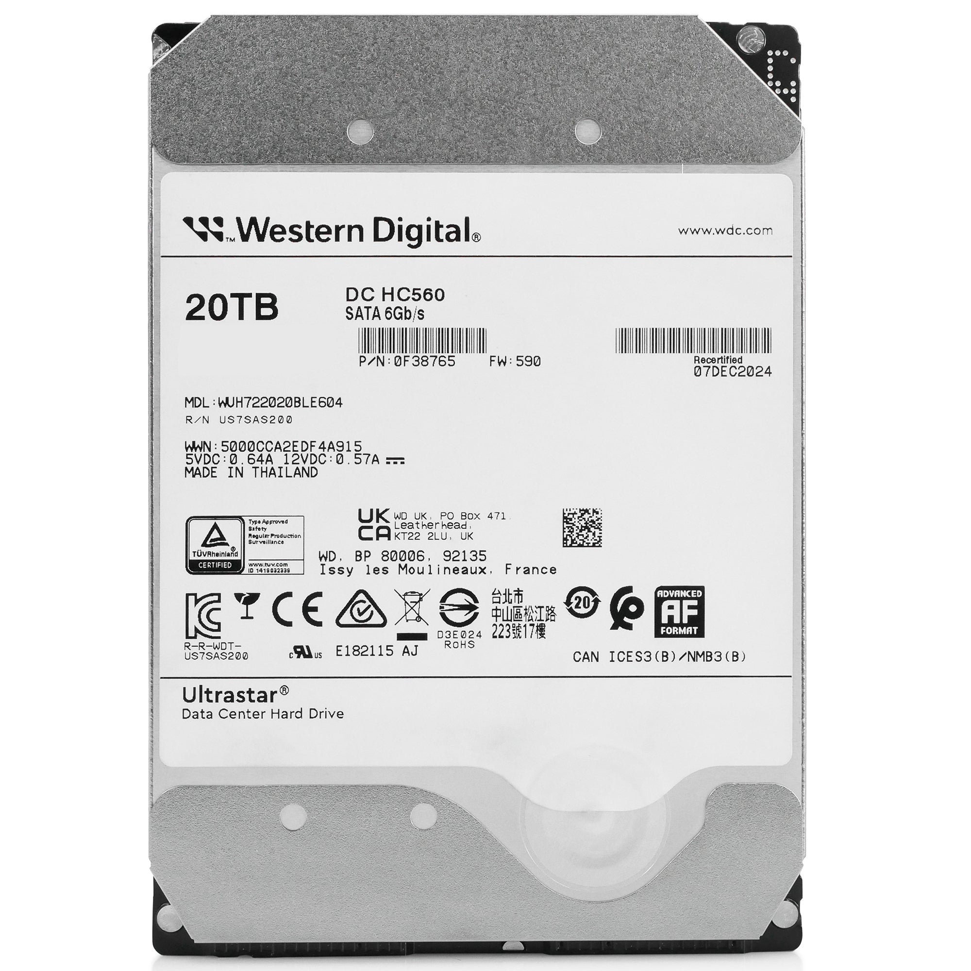 Western Digtial Ultrastar DC HC560 WUH722020BLE604 0F38765 20TB 7.2K RPM SATA 6Gb/s 512e 3.5in Refurbished HDD