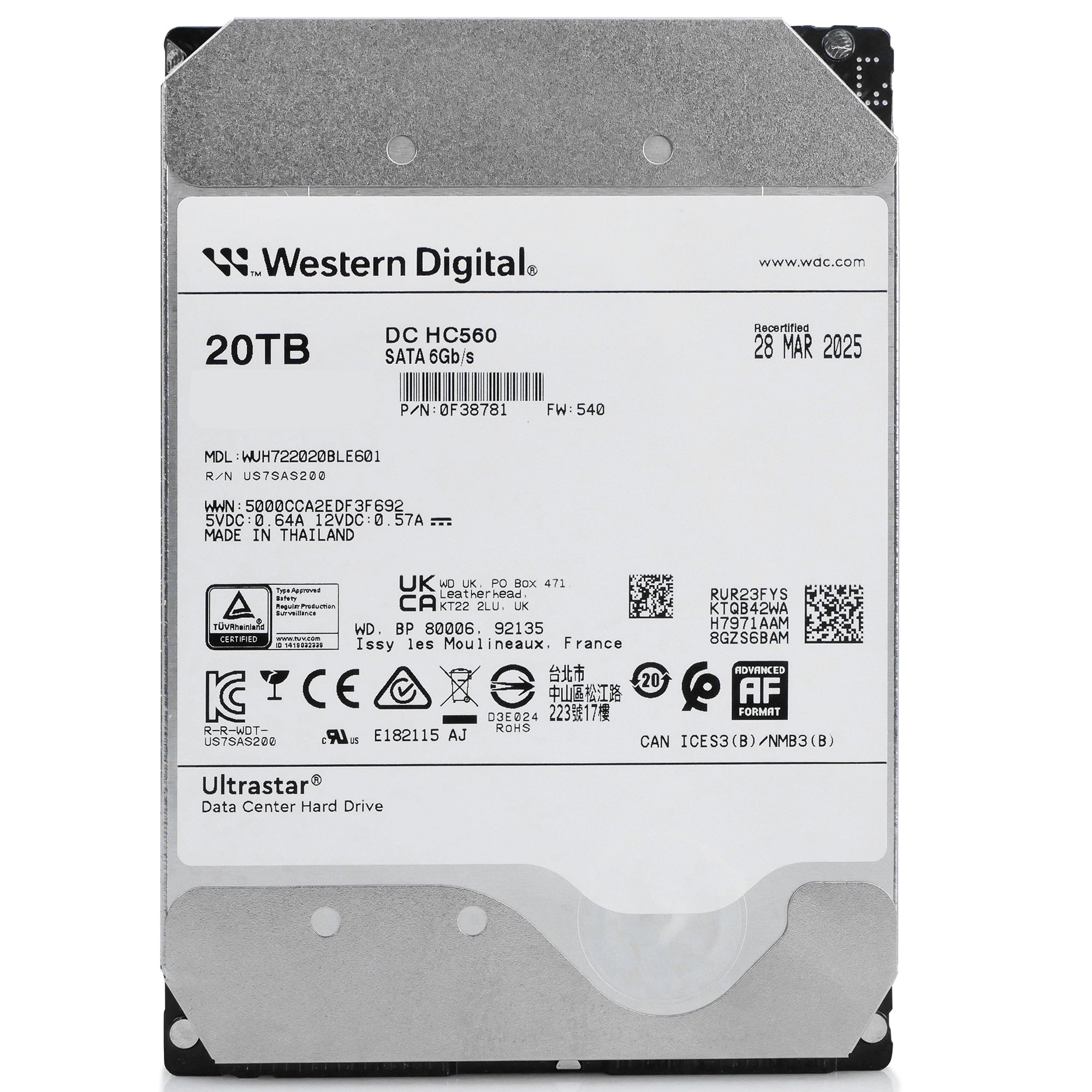 Western Digital Ultrastar DC HC560 WUH722020BLE601 0F38781 20TB 7.2K RPM SATA 6Gb/s 512e 3.5in Hard Drive