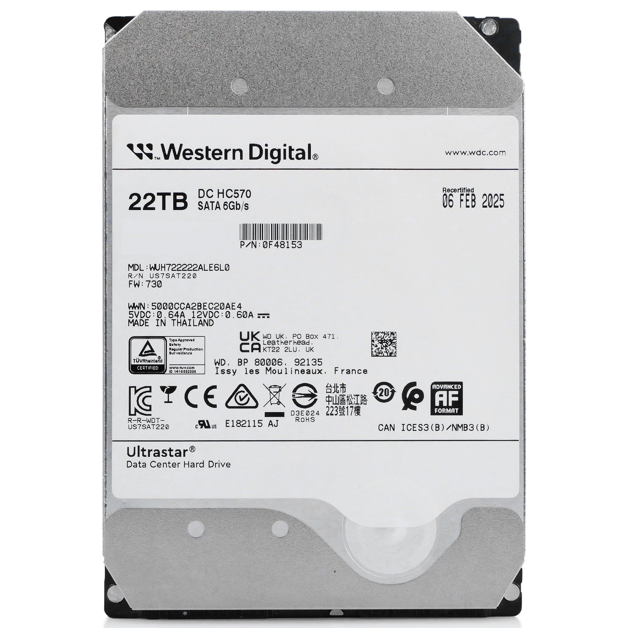 Western Digital Ultrastar DC HC HC570 WUH722222ALE6L0 0F48153 22TB 7.2K RPM SATA 6Gb/s 512e 3.5in Refurbished HDD