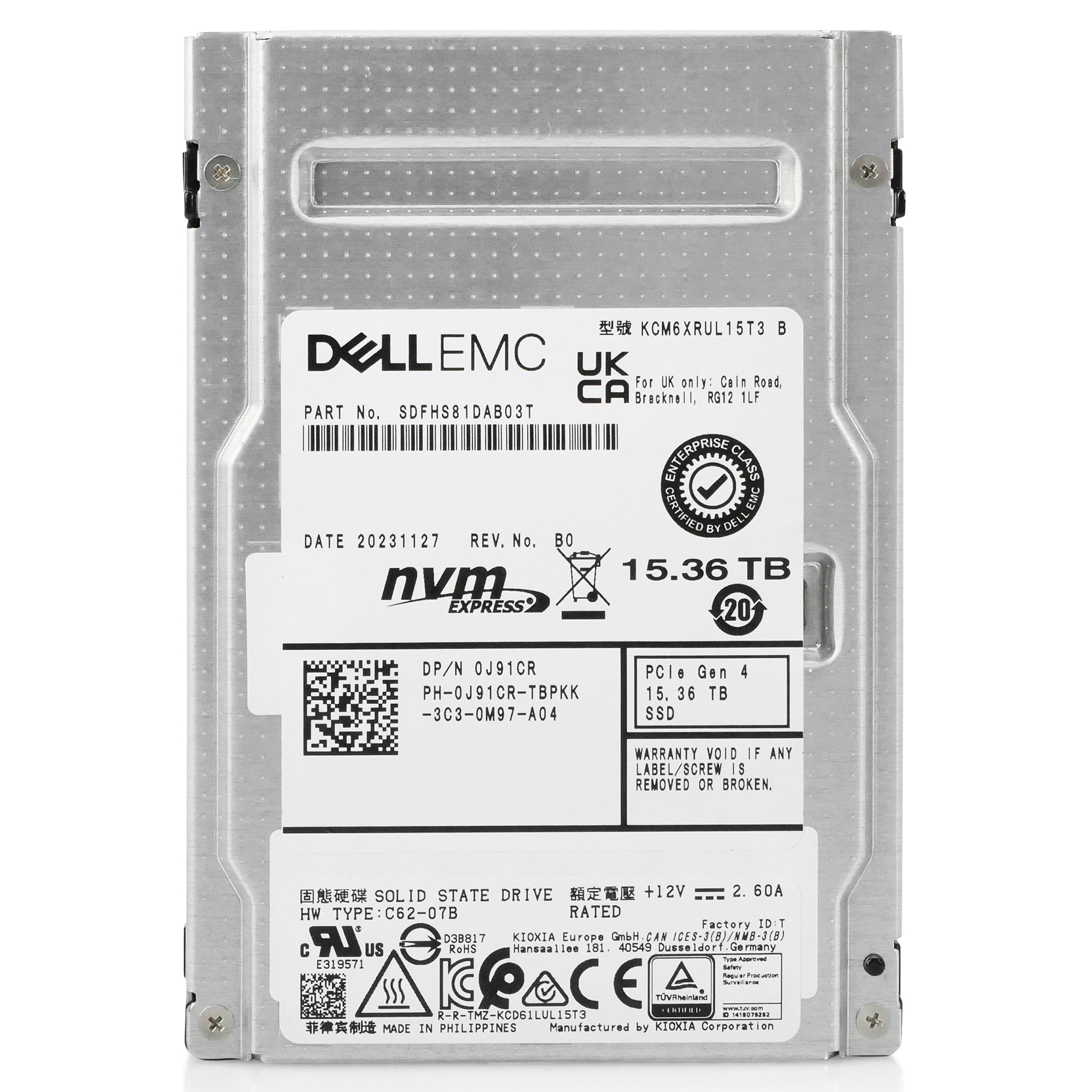 Dell/Kioxia CM6-R KCM6XRUL15T3 15.36TB 1 DWPD PCIe Gen 4.0 x4 8GB/s 3D TLC U.3 NVMe 2.5in Recertified Solid State Drive