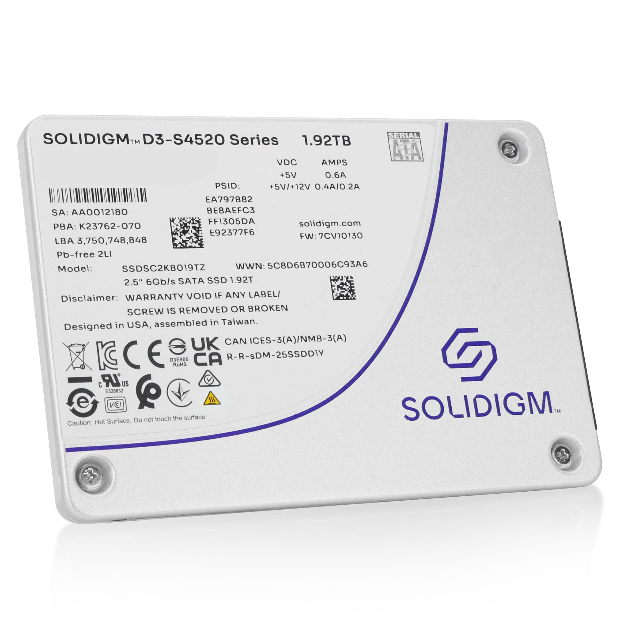 Solidigm/Intel D3-S4520 SSDSC2KB019TZ1Z 1.92TB 1 DWPD SATA 6Gb/s 3D TLC 2.5in Solid State Drive