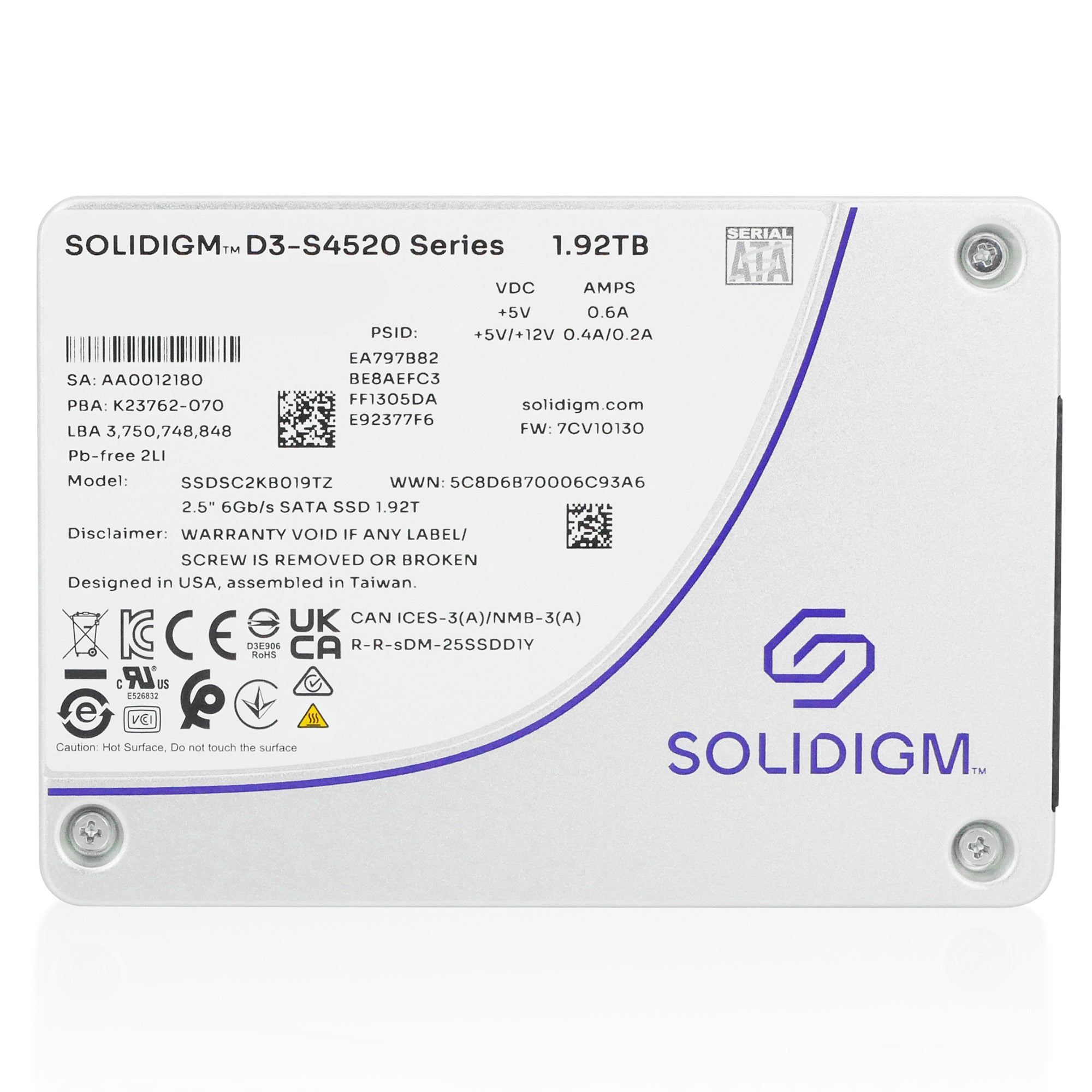 Solidigm/Intel D3-S4520 SSDSC2KB019TZ1Z 1.92TB 1 DWPD SATA 6Gb/s 3D TLC 2.5in Recertified Solid State Drive