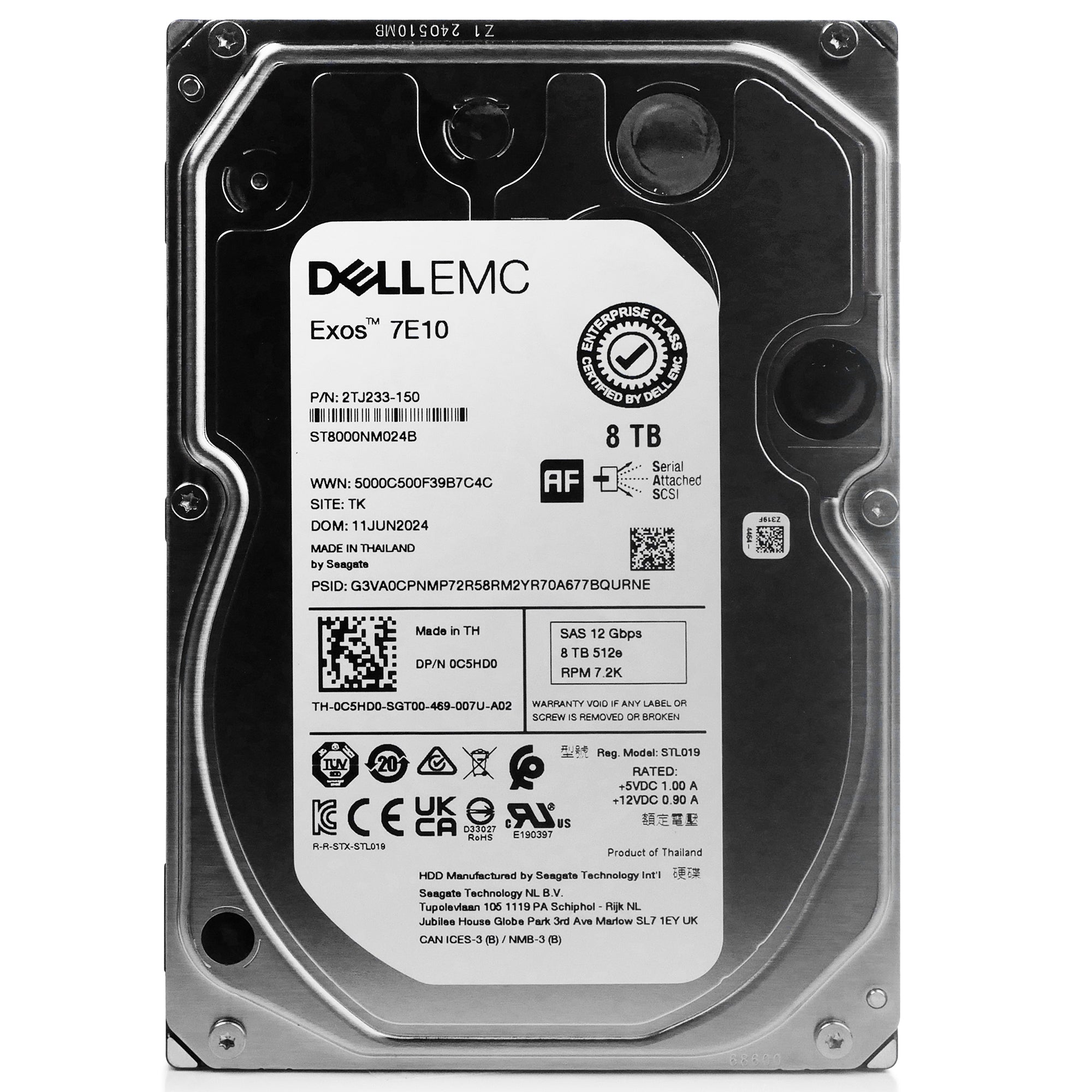 Dell/Seagate Exos 7E10 ST8000NM024B 8TB 7.2K RPM SAS 12Gb/s 512e 3.5in Hard Drive