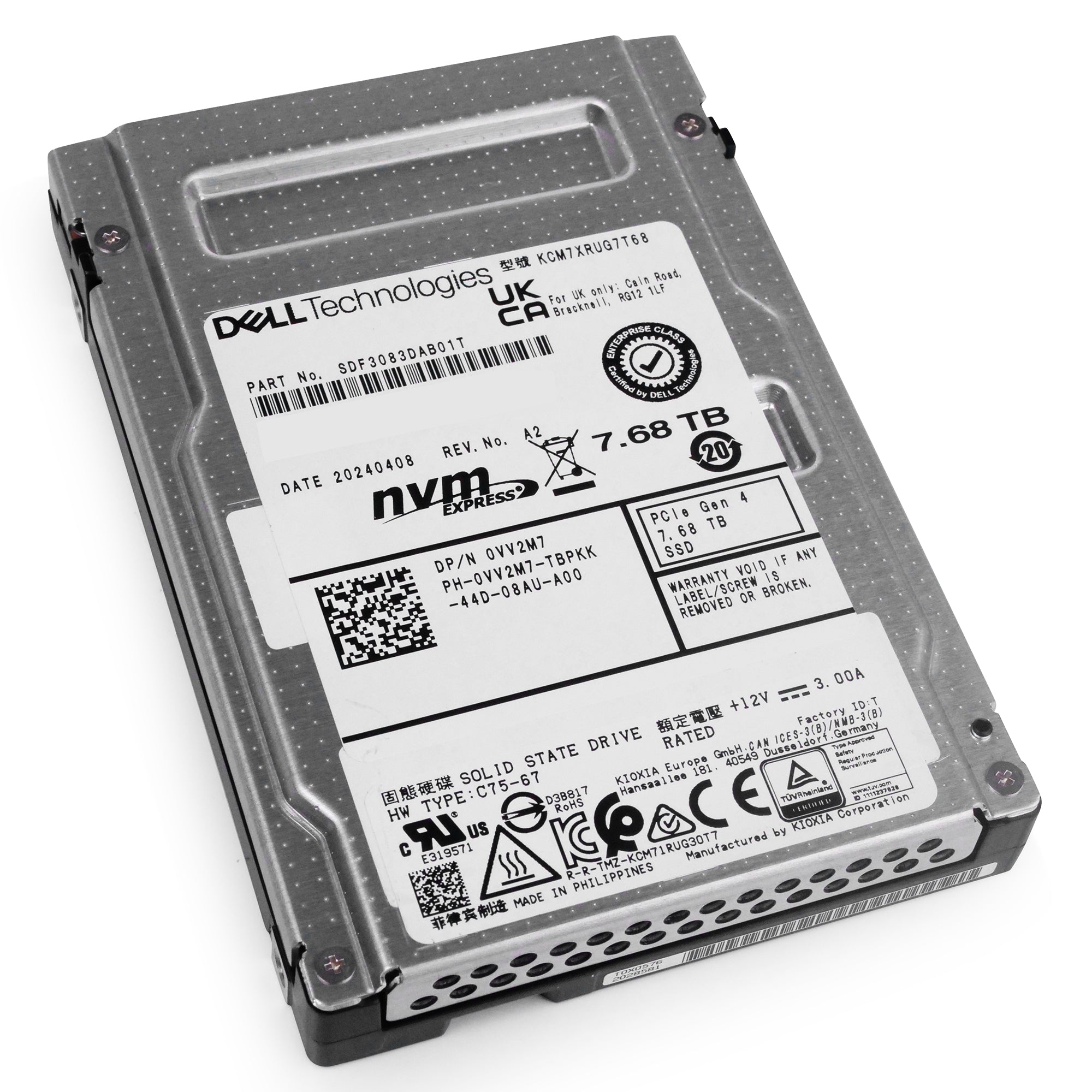 Dell/Kioxia CM7-R KCM7XRUG7T68 7.68TB 1 DWPD PCIe Gen 4.0 x4 8GB/s 3D TLC U.2 NVMe 2.5in Solid State Drive