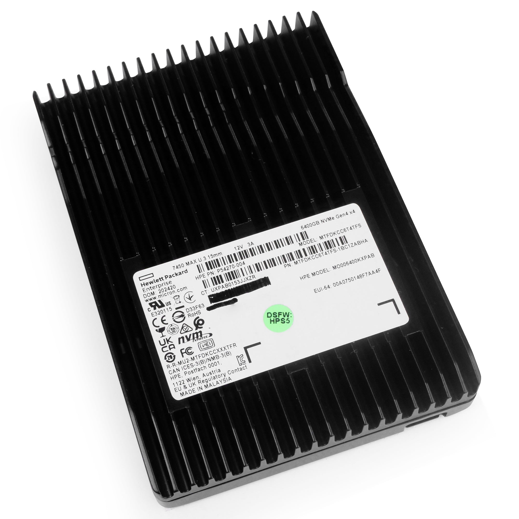 HP/Micron 7450 MAX MTFDKCC6T4TFS 6.4TB 3 DWPD PCIe Gen 4.0 x4 8GB/s 3D TLC U.3 NVMe 2.5in Solid State Drive