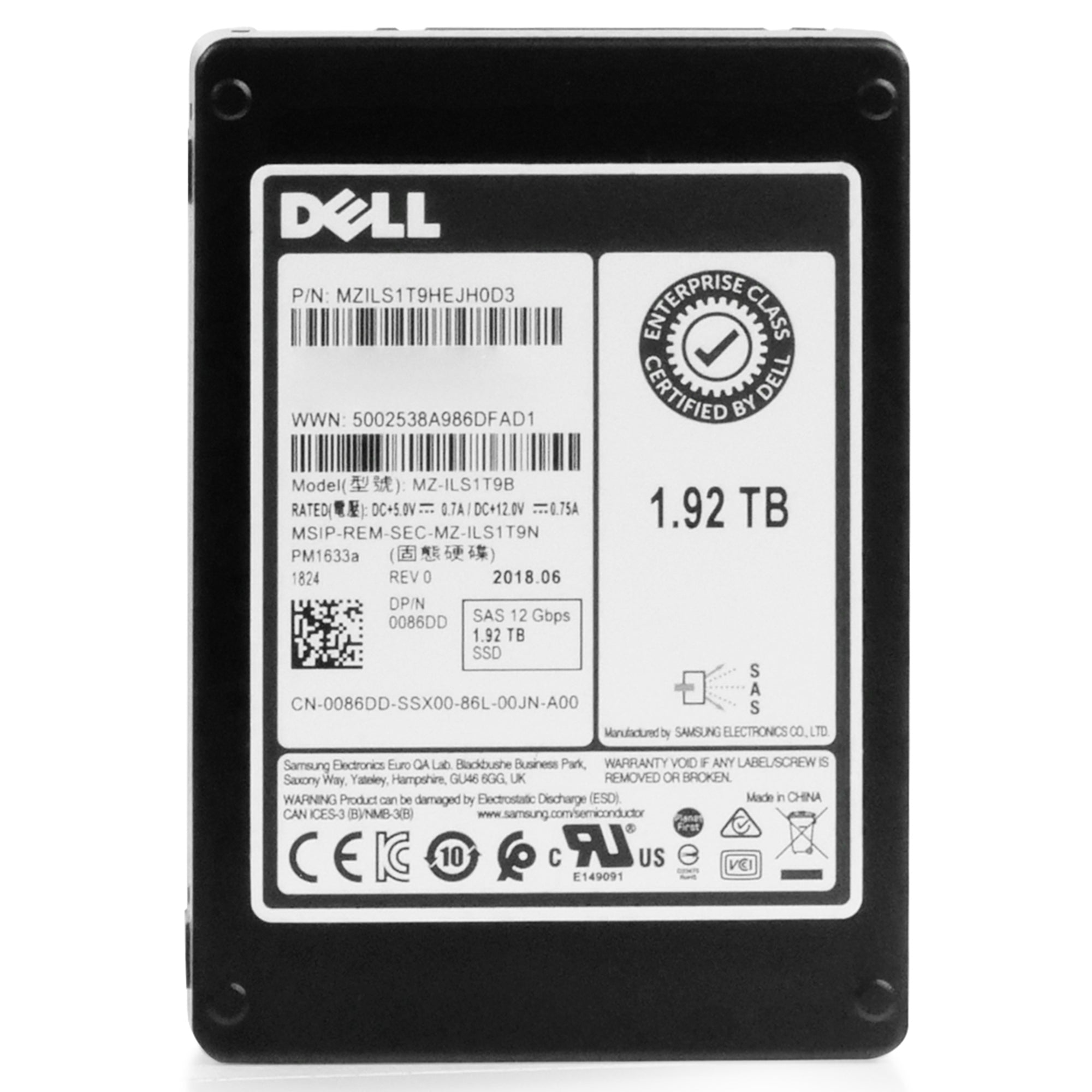 Dell/Samsung PM1633a MZILS1T9HEJH0D3 1.92TB 1 DWPD SAS 12Gb/s 3D TLC V-NAND 2.5in Refurbished SSD