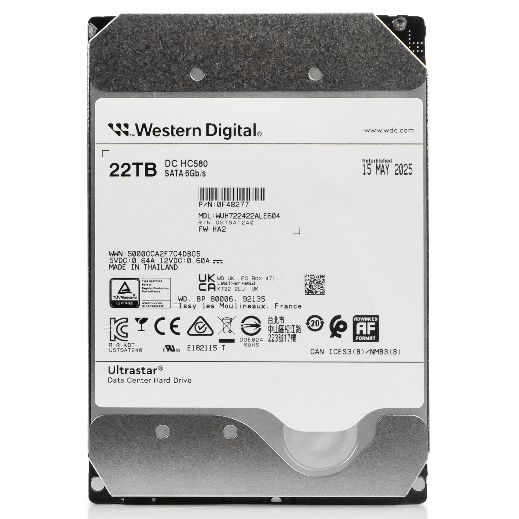 Western Digital Ultrastar DC HC580 WUH722422ALE604 0F48277 22TB 7.2K RPM SATA 6Gb/s 512e 3.5in Recertified Hard Drive