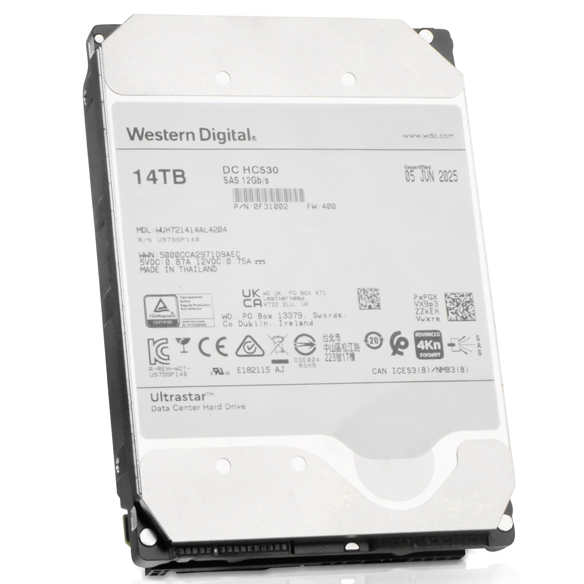 Western Digital Ultrastar DC HC530 WUH721414AL4204 0F31002 14TB 7.2K RPM SAS 12Gb/s 4kn 3.5in Recertified Hard Drive