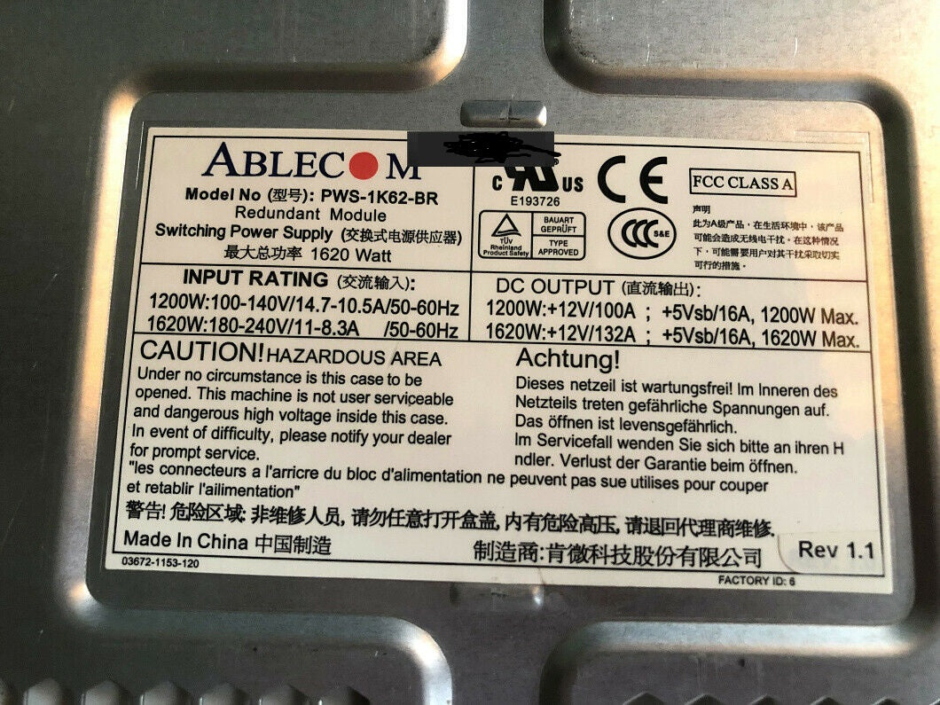 Supermicro PWS-1K62-BR 1620W Blade Power Supply