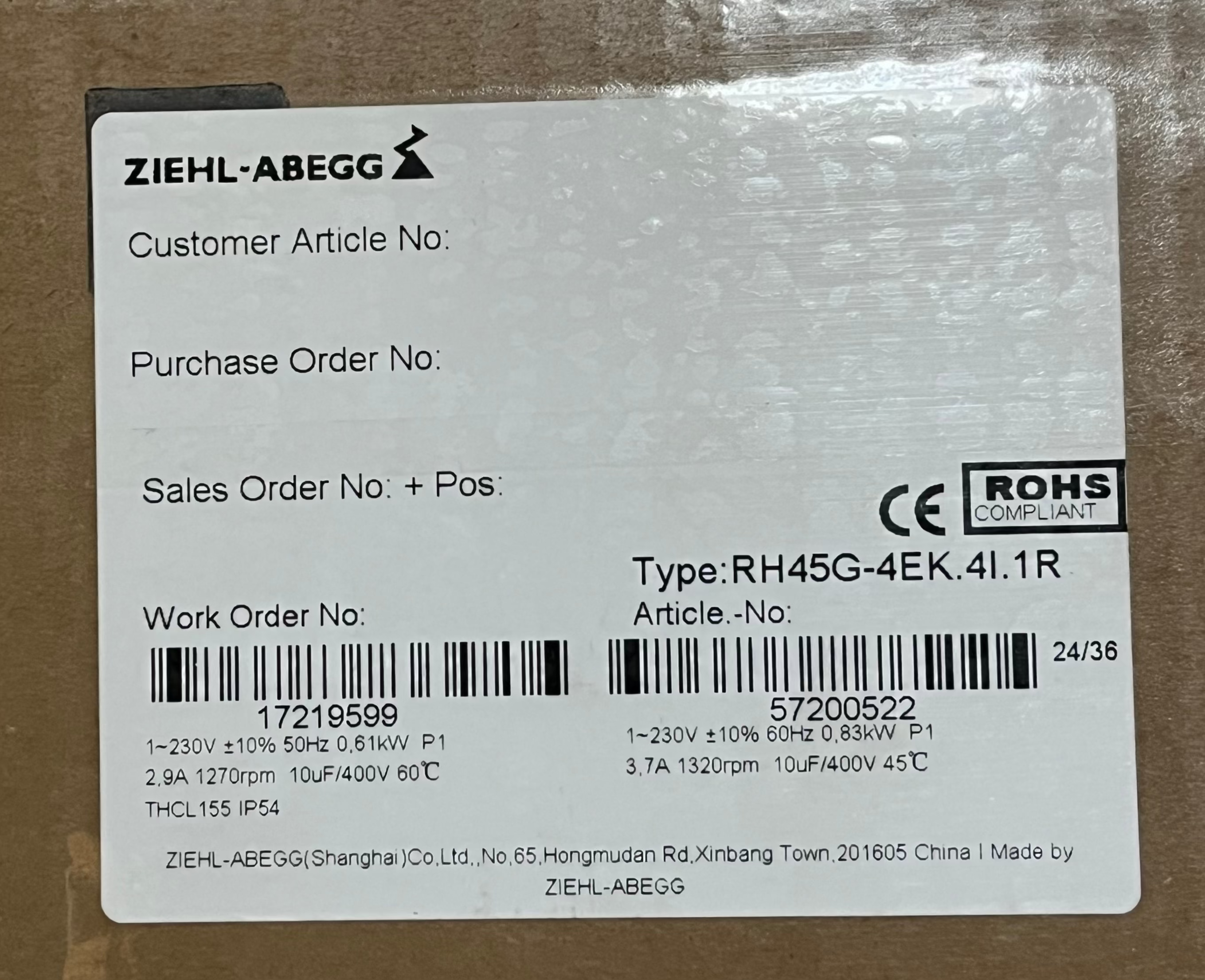 Brand new RH45G-4EK.4I.1R ZIEHL-ABEGG centrifugal fan 230V 0.61/0.83kW 2.9/3.7A 1270/1320rpm