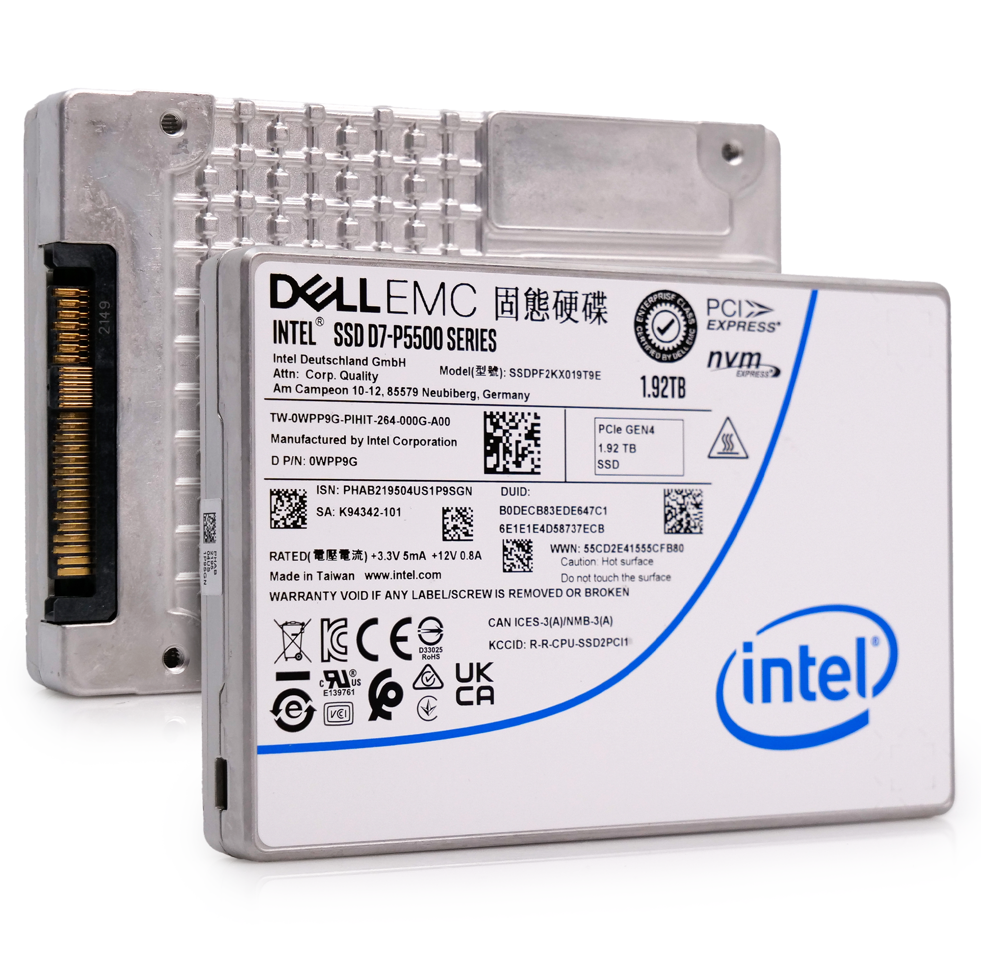 Intel P5500 SSDPF2KX019T9O 0WPP9G 1.92TB 1 DWPD PCIe 4.0 x4 8GB/s 3D TLC U.2 NVMe 2.5in Refurbished SSD