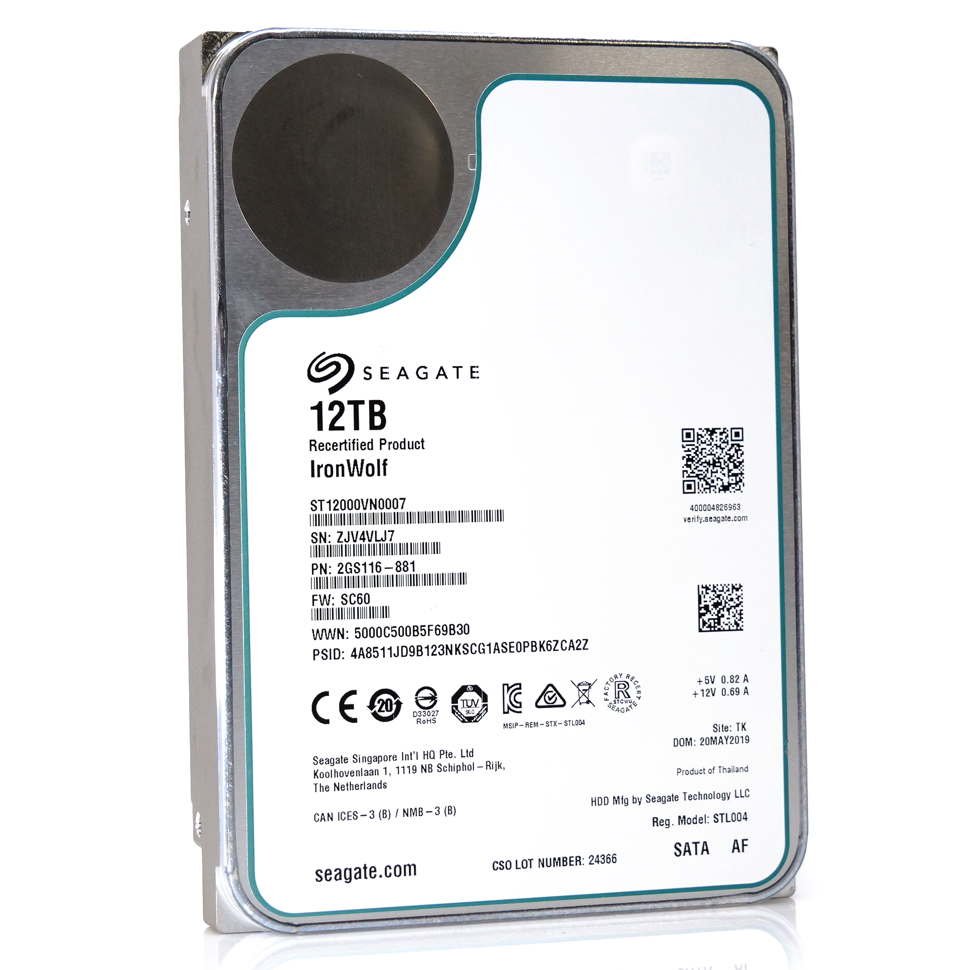 Seagate IronWolf ST12000VN0007 12TB 7.2K RPM SATA 6Gb/s 256MB 3.5" NAS Manufacturer Recertified HDD