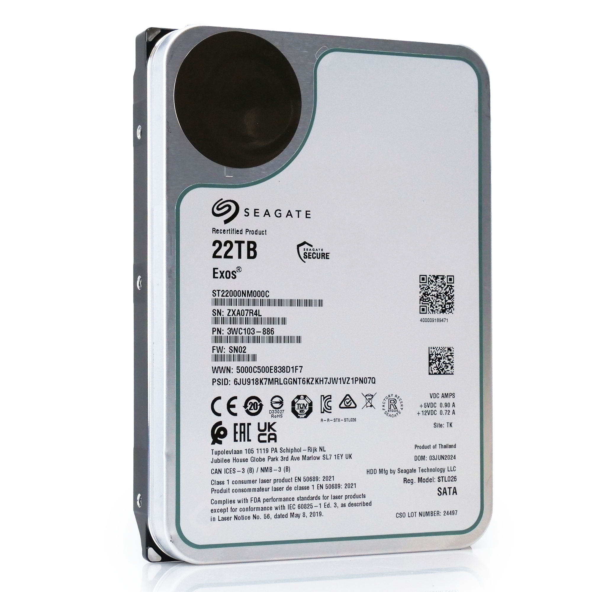 Seagate Exos ST22000NM000C 22TB 7.2K RPM SATA 6Gb/s 3.5in Recertified Hard Drive