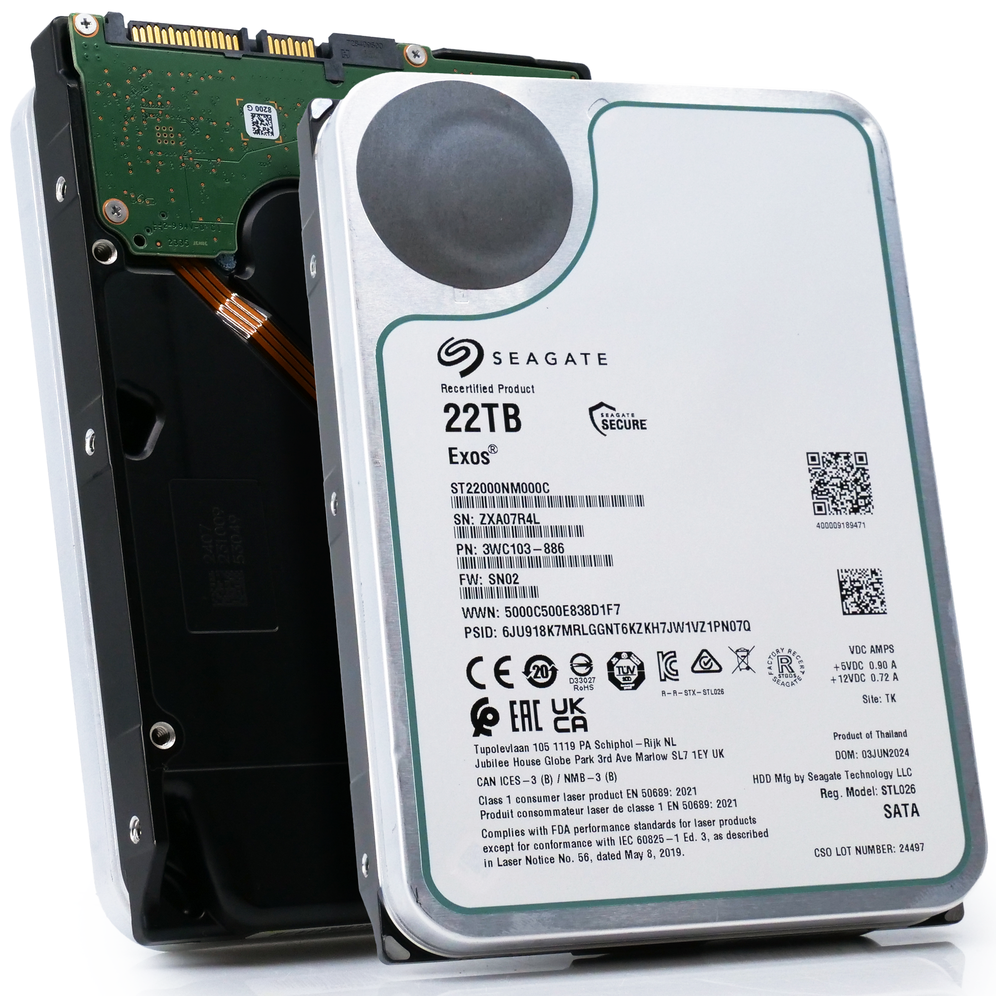 Seagate Exos ST22000NM000C 22TB 7.2K RPM SATA 6Gb/s 3.5in Recertified Hard Drive