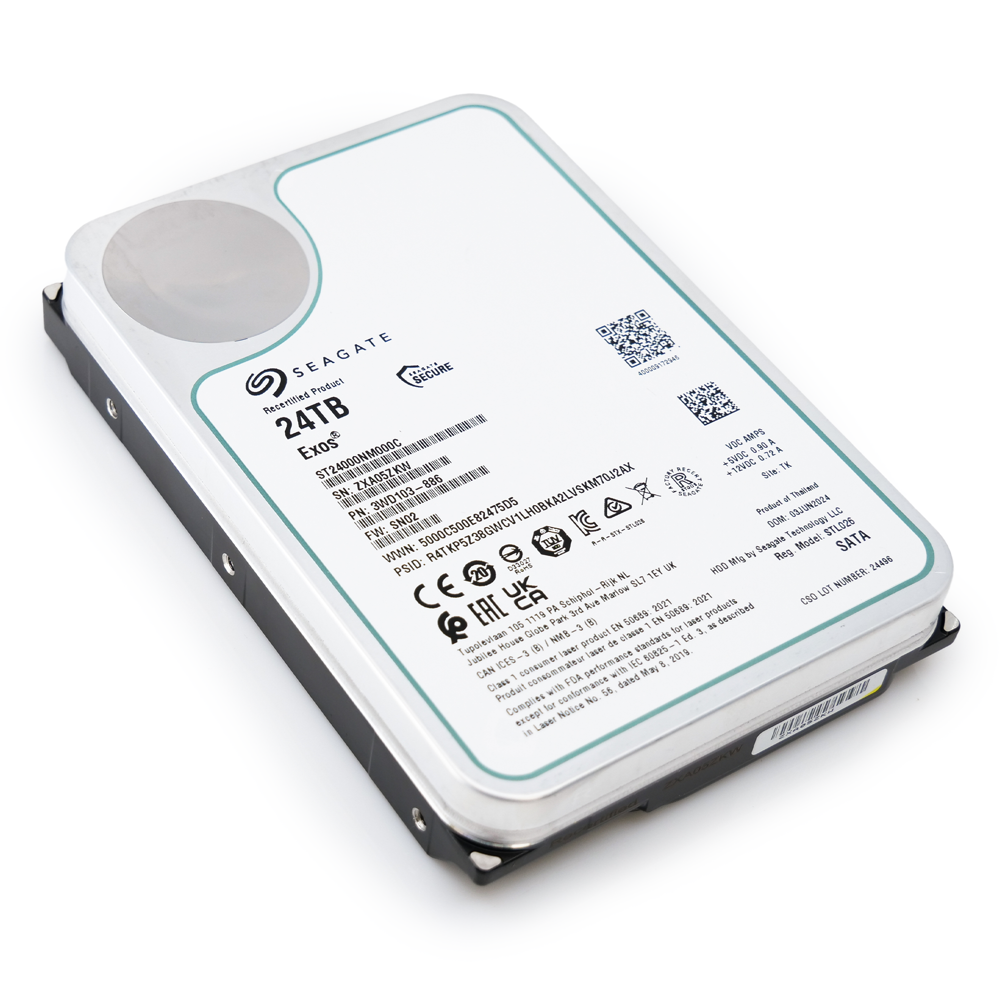 Seagate Exos ST24000NM000C 24TB 7.2K RPM SATA 6Gb/s 512e 3.5in Recertified Hard Drive