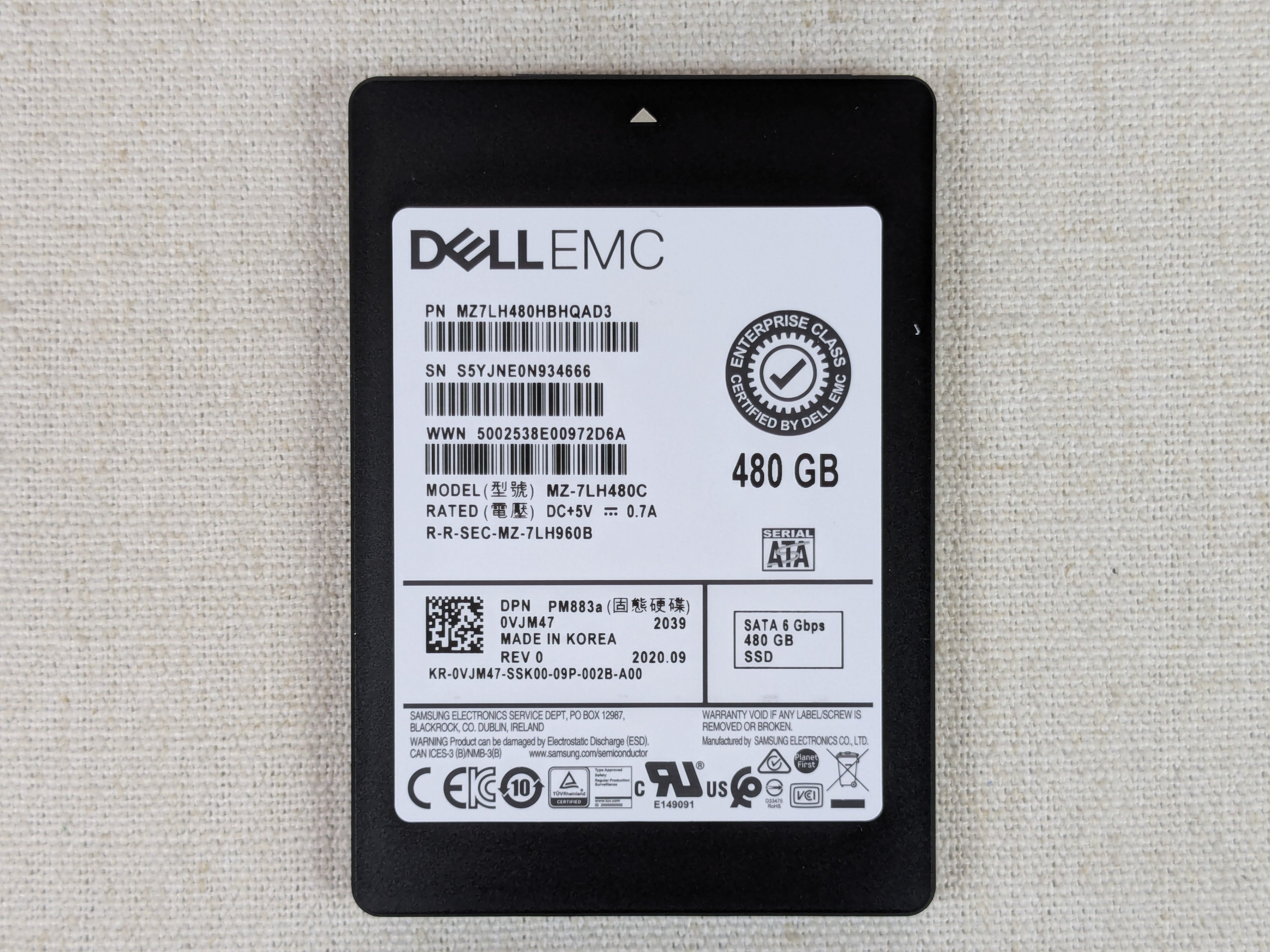 Dell VJM47 480GB 6Gb/s 2.5" SATA RI TLC SSD Samsung PM883a MZ-7LH480C