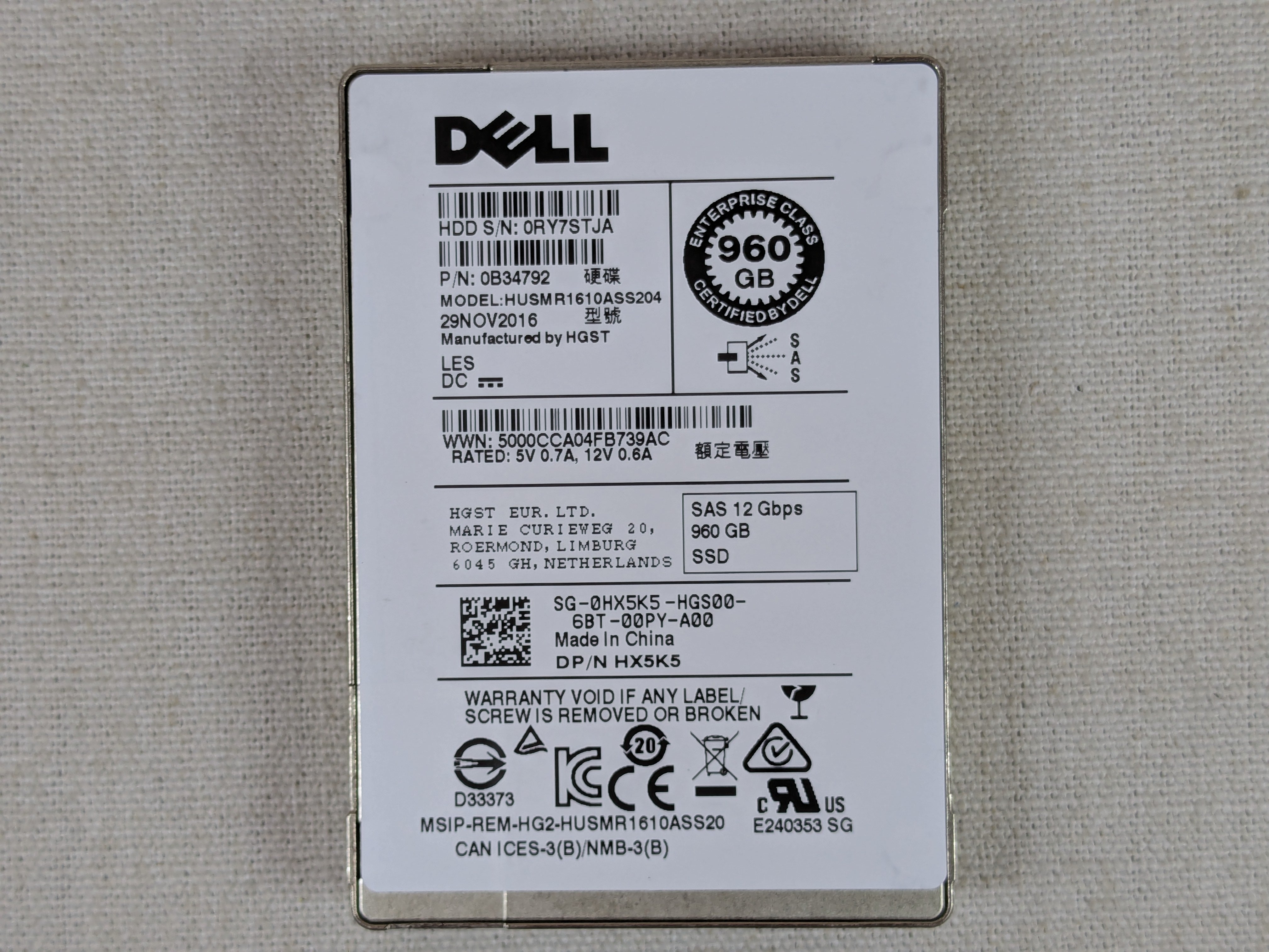 Dell HX5K5 960GB 12Gb/s 2.5" SAS RI TLC SSD HUSMR1610ASS204 - 83% health no tray
