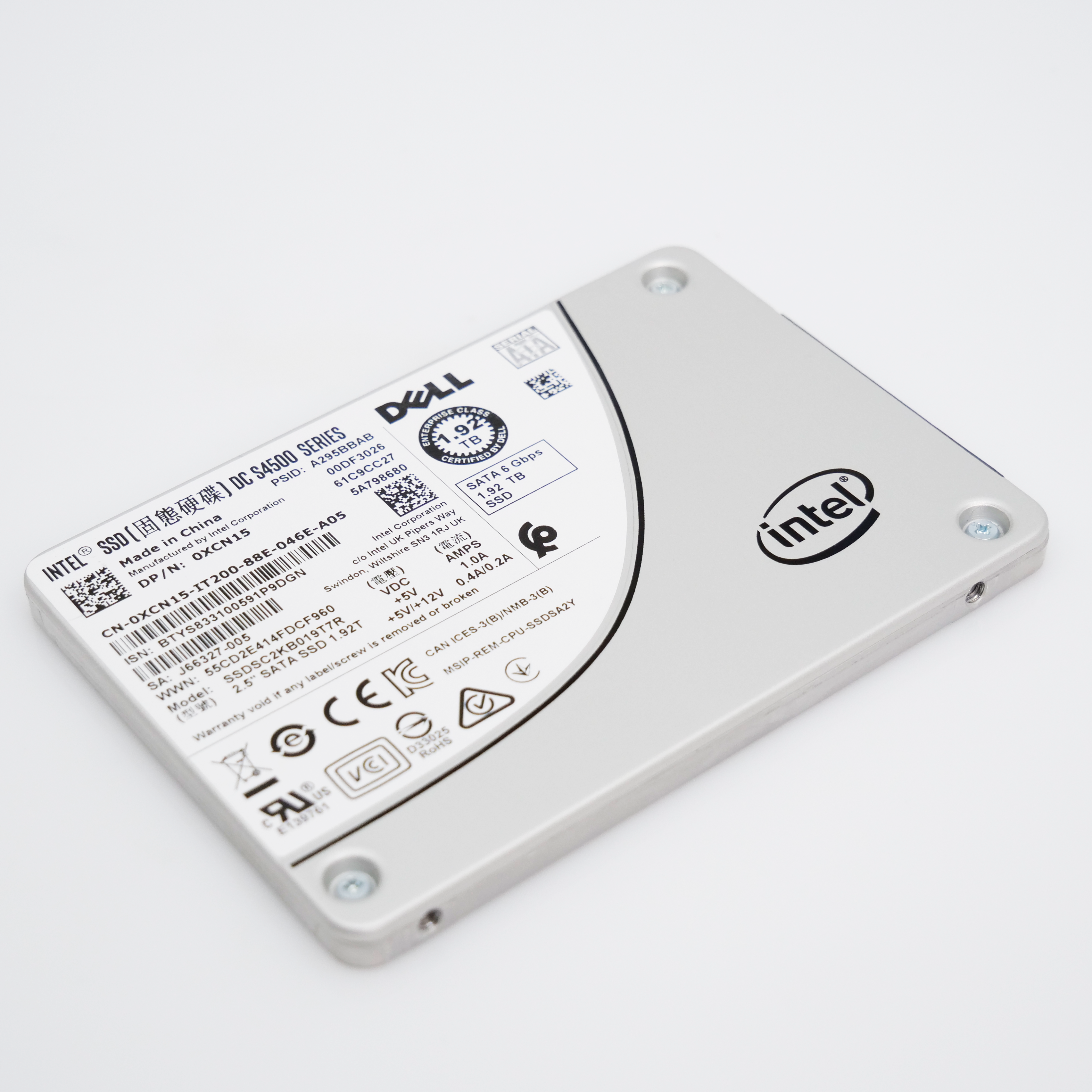 Intel/Dell DC S4500 SSDSC2KB019T7R 1.92TB 1.76 DWPD SATA 6Gb/s 3D TLC 2.5in Recertified Solid State Drive