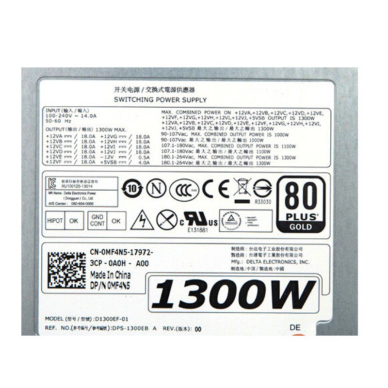For Dell Preision T7610 Power Supply 1300W D1300EF-01 MF4N5 0MF4N5-FKA
