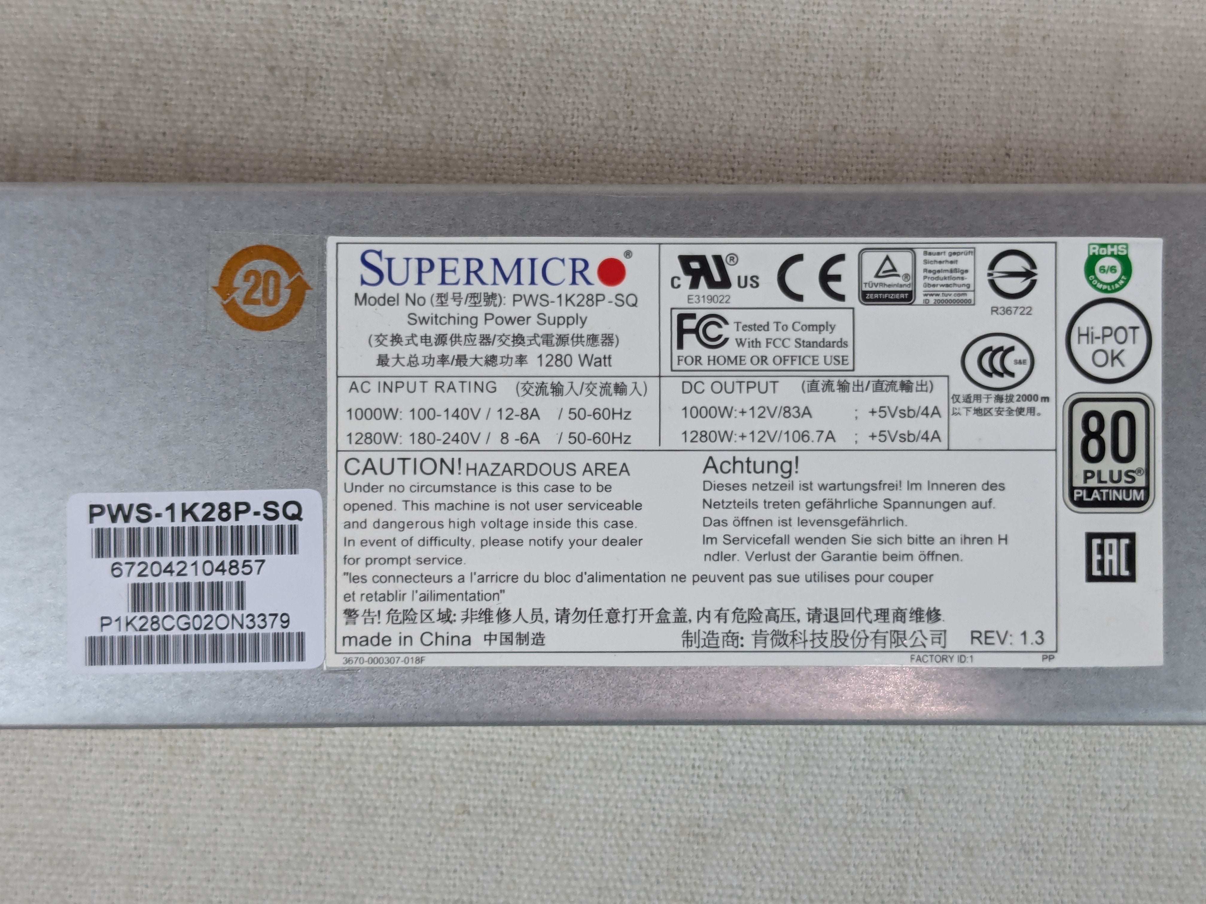 Supermicro PWS-1K28P-SQ 1280W 1U Redundant Hot Swap Power Supply Module ( PSU )