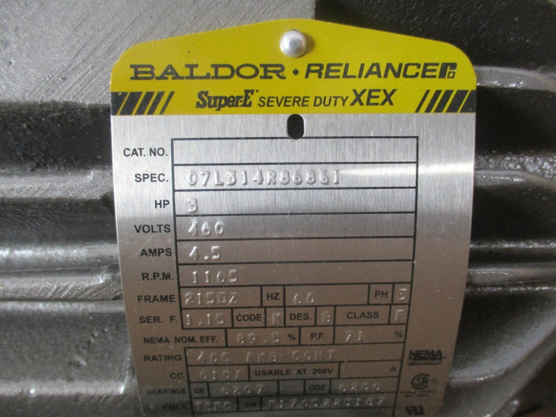 BALDOR 3 HP 1165 RPM Z1317496 07L314R86861 460V 4.5A NSMP