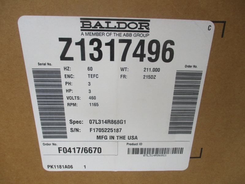 BALDOR 3 HP 1165 RPM Z1317496 07L314R86861 460V 4.5A NSMP