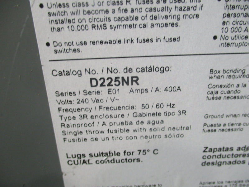 SQUARE D D225NR SER. E01 240VAC 400A (AS PICTURED) NSMP