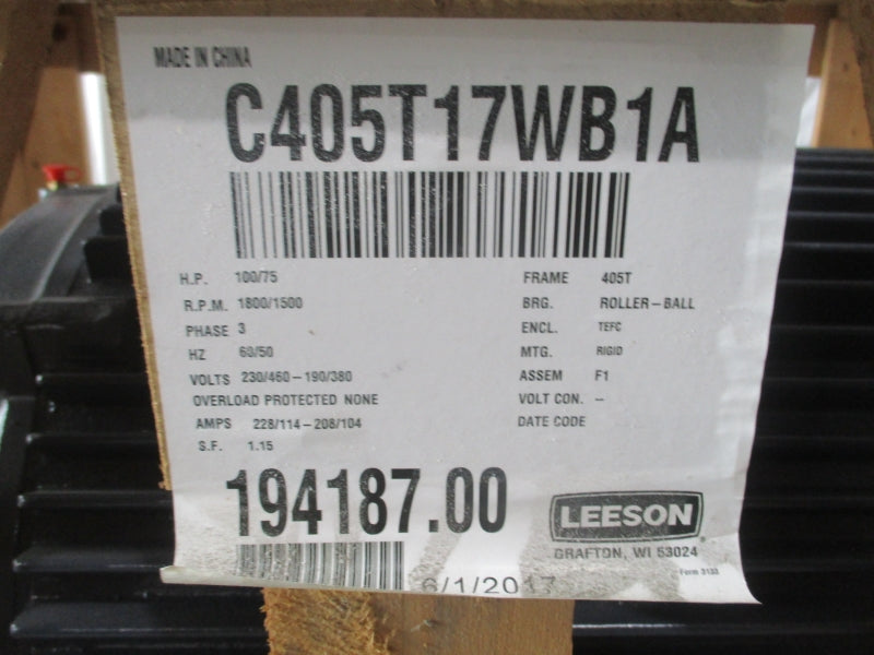 LEESON C405T17WB1A 194187.00 230/460V 228/114A 100HP 1785RPM NSMP