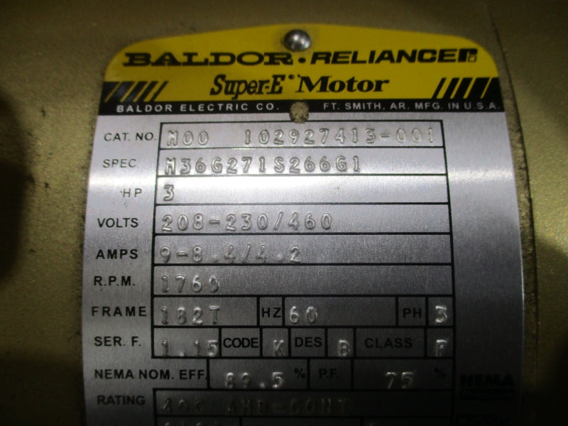 BALDOR 3HP M00102927413-001 208-230/460V 9-8.4/4.2A NSMP