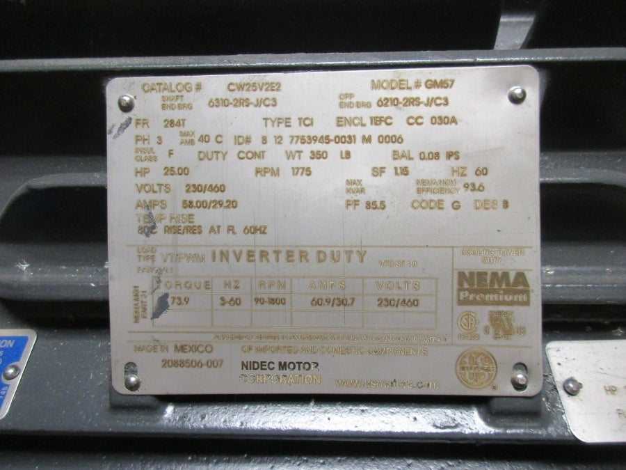 US MOTORS CW25V2E2 GM57 230/460V 58.00/29.20A NSMP