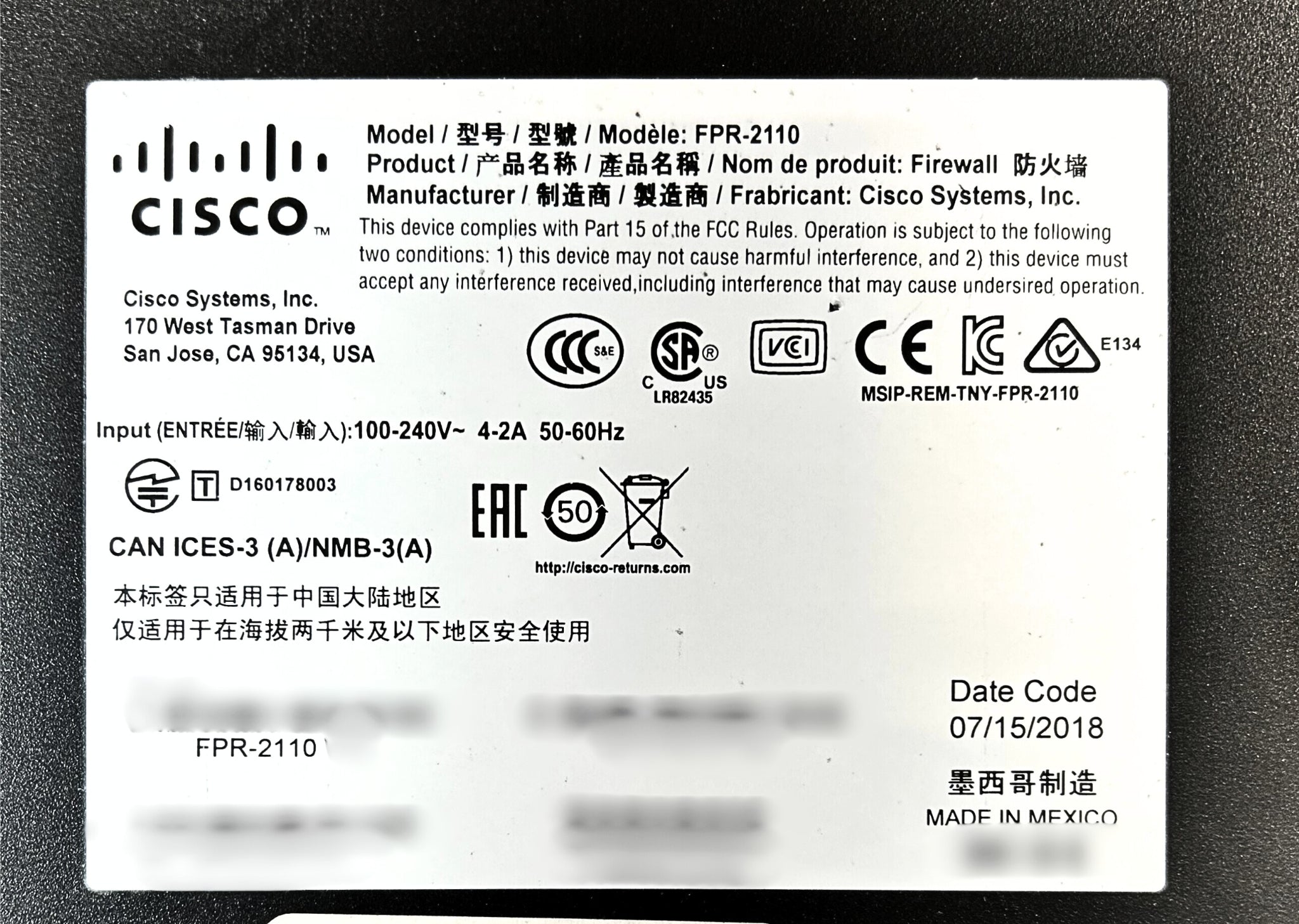 Cisco FPR-2110 FirePOWER Firewall Security Appliance