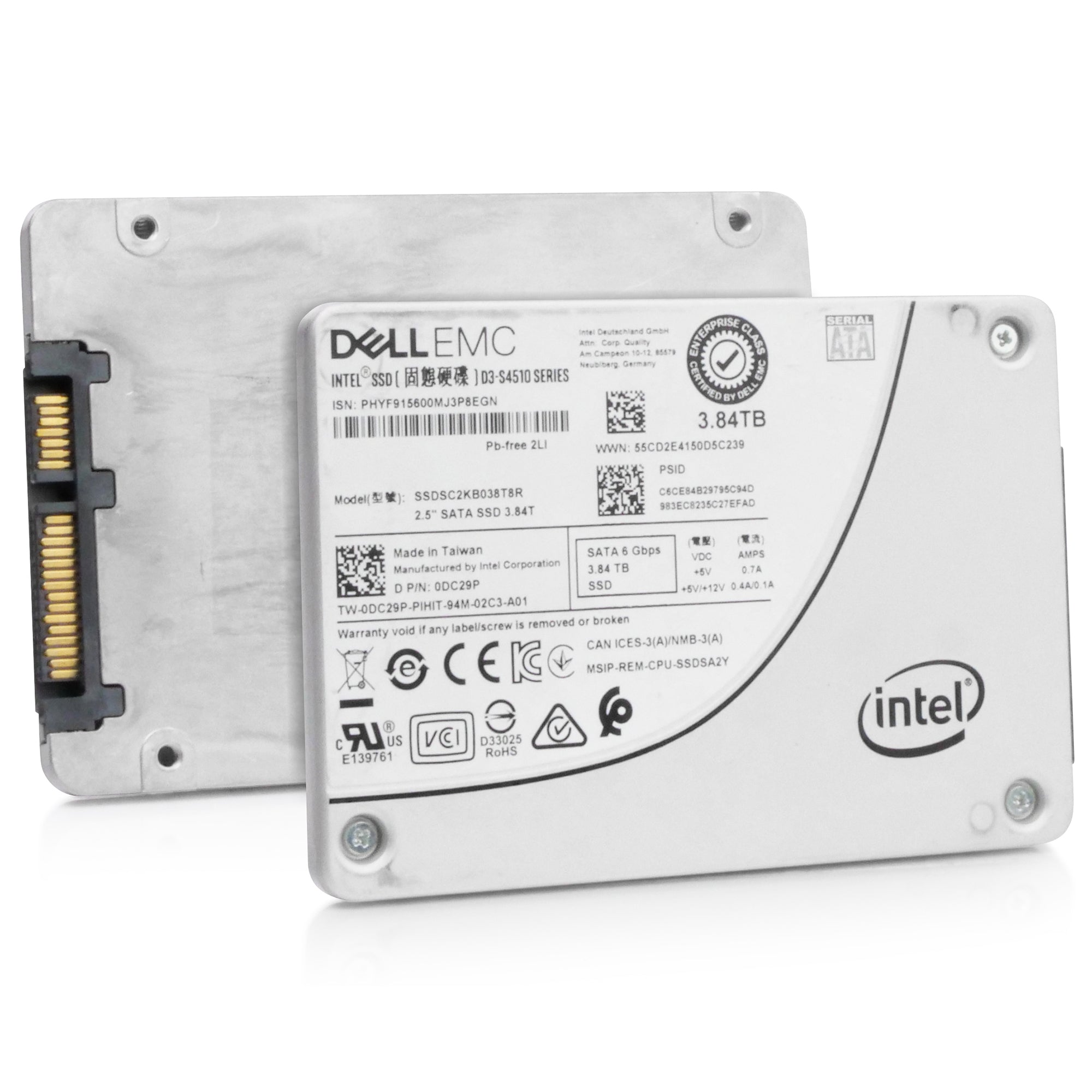 Dell/Intel D3-S4510 SSDSC2KB038T8R 3.84TB SATA 6Gb/s 3D TLC 2.5in Refurbished SSD