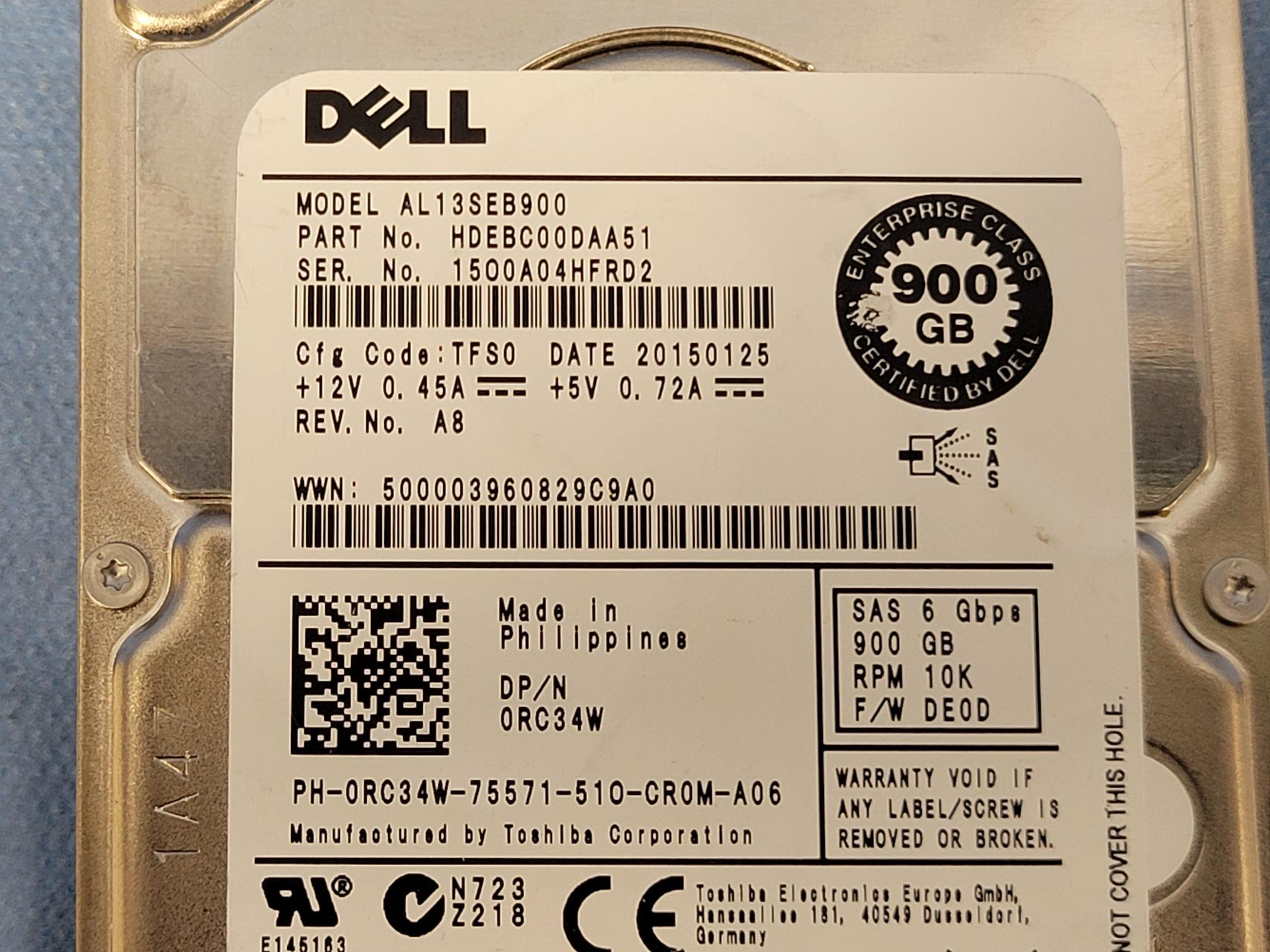 Dell RC34W 900GB 10k 6Gb/s 2.5" SAS Hard Drive
