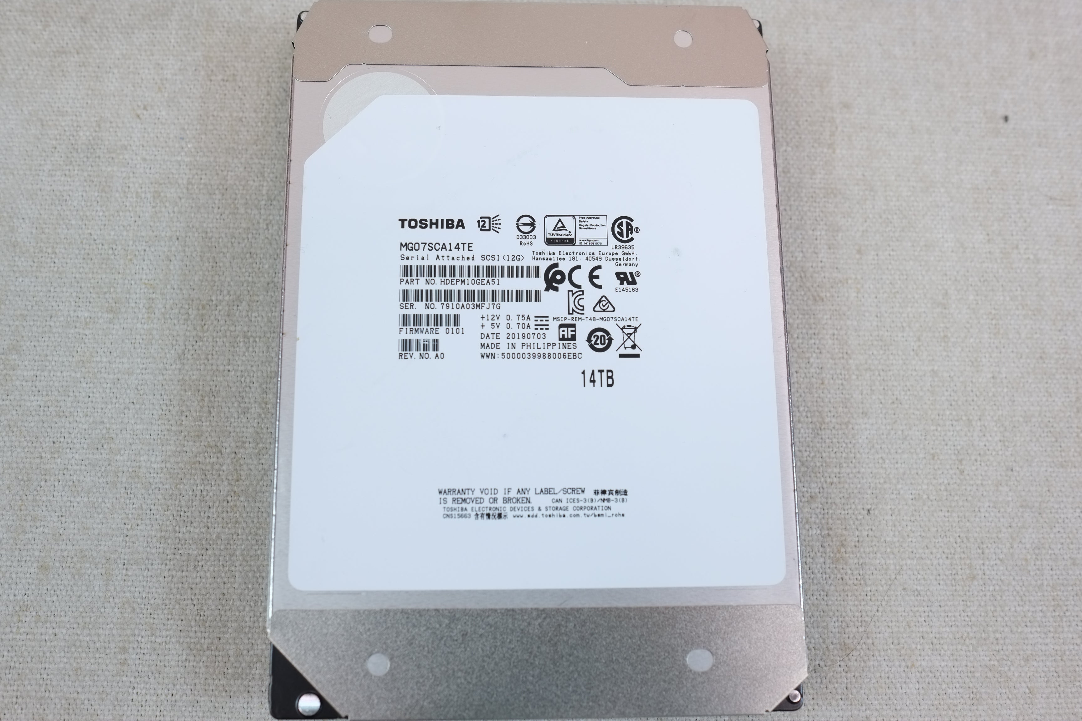 Toshiba HDEPM10GEA51 14TB 7.2k 12Gb/s 3.5” SAS 512e Hard Drive MG07SCA14TE